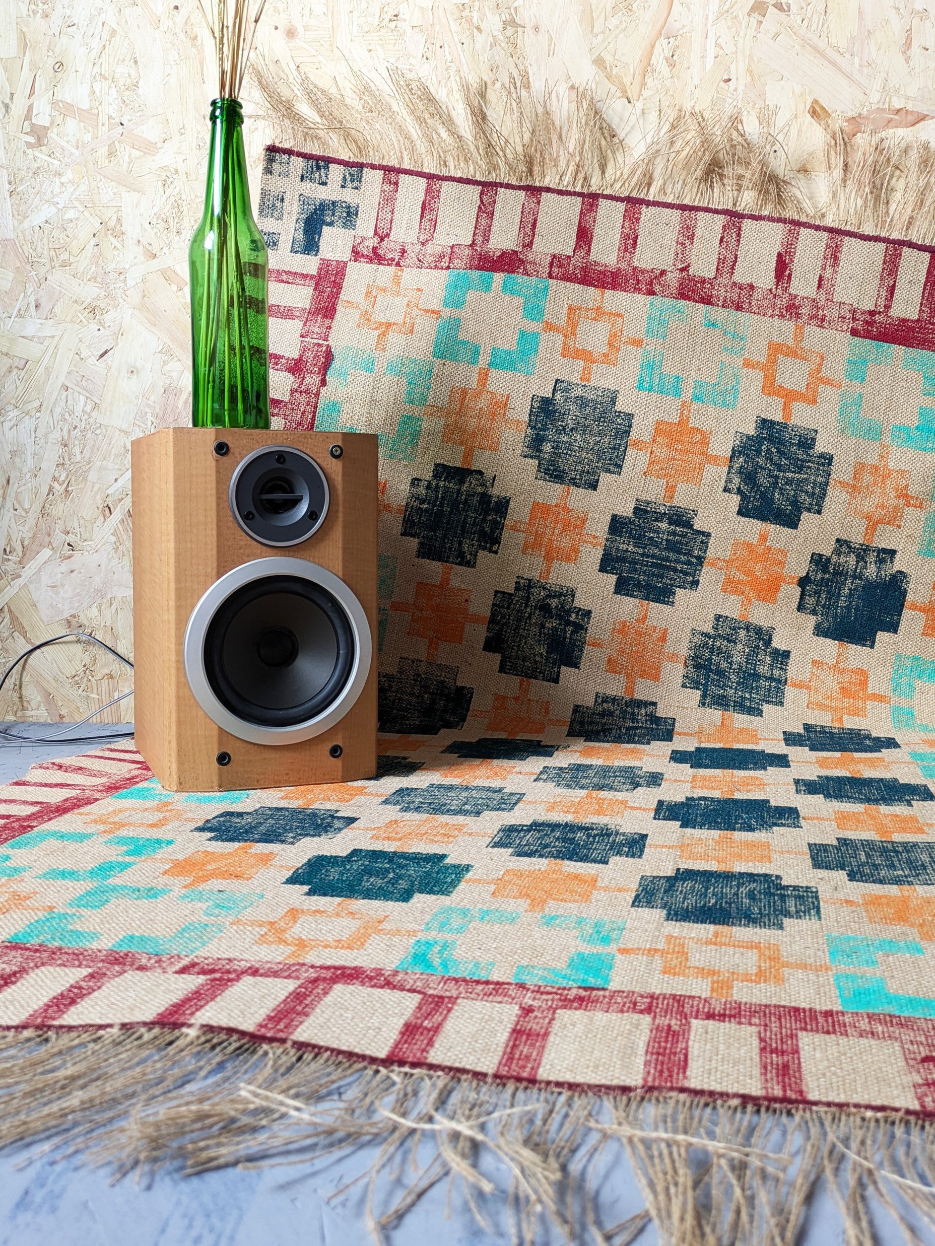 cosy interior design scene with block printed jute rug
