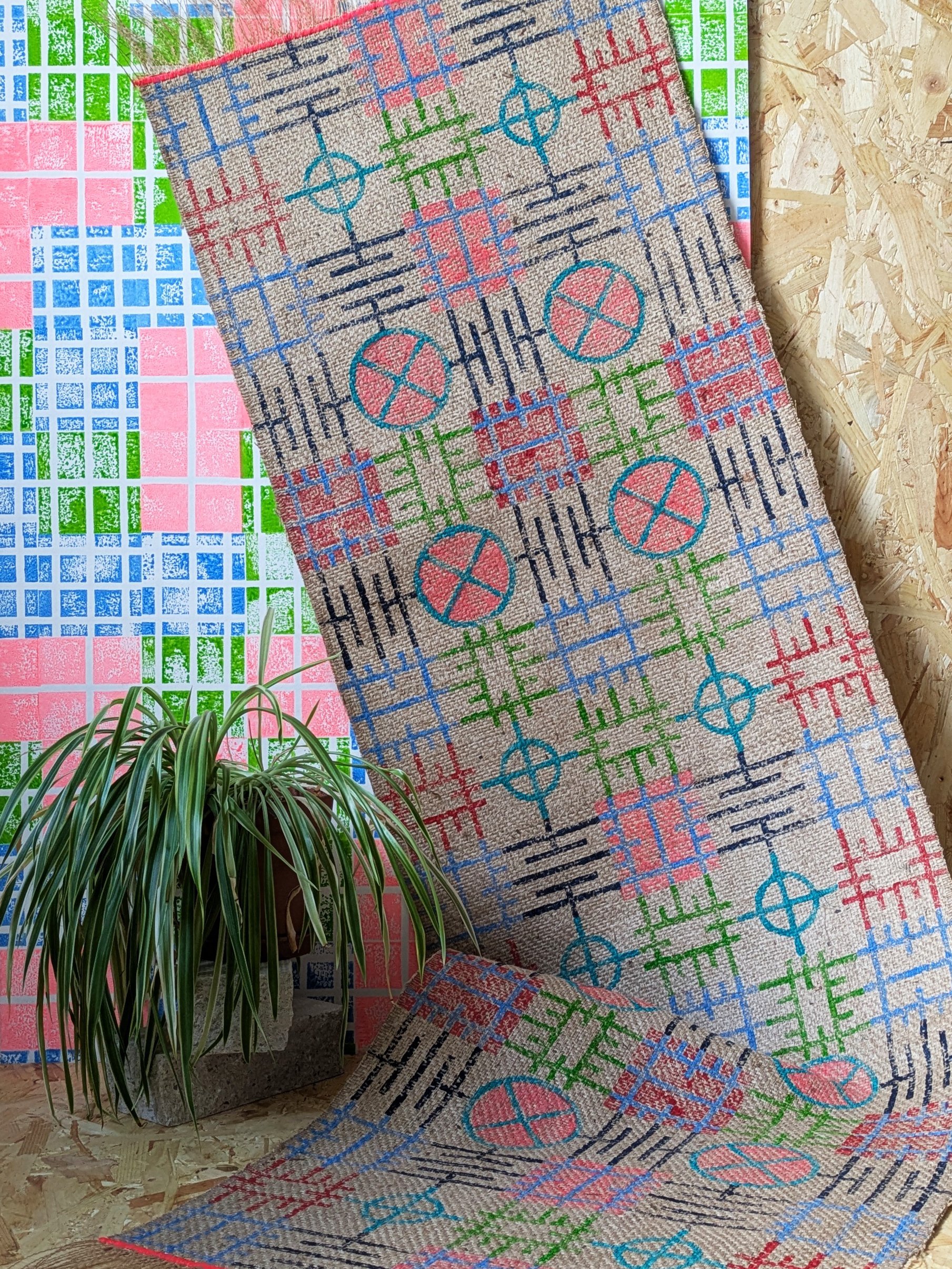contemporary hand block printed rug in block printed geometric pattern inspired by drawings and grids