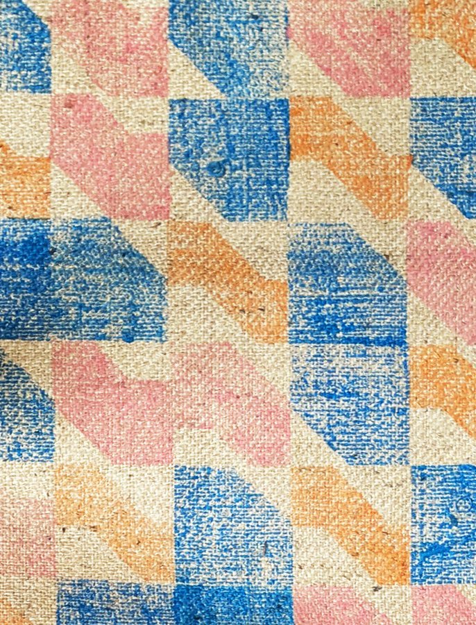 brutalist staircase inspired block print on rough jute surface in contemporary colours