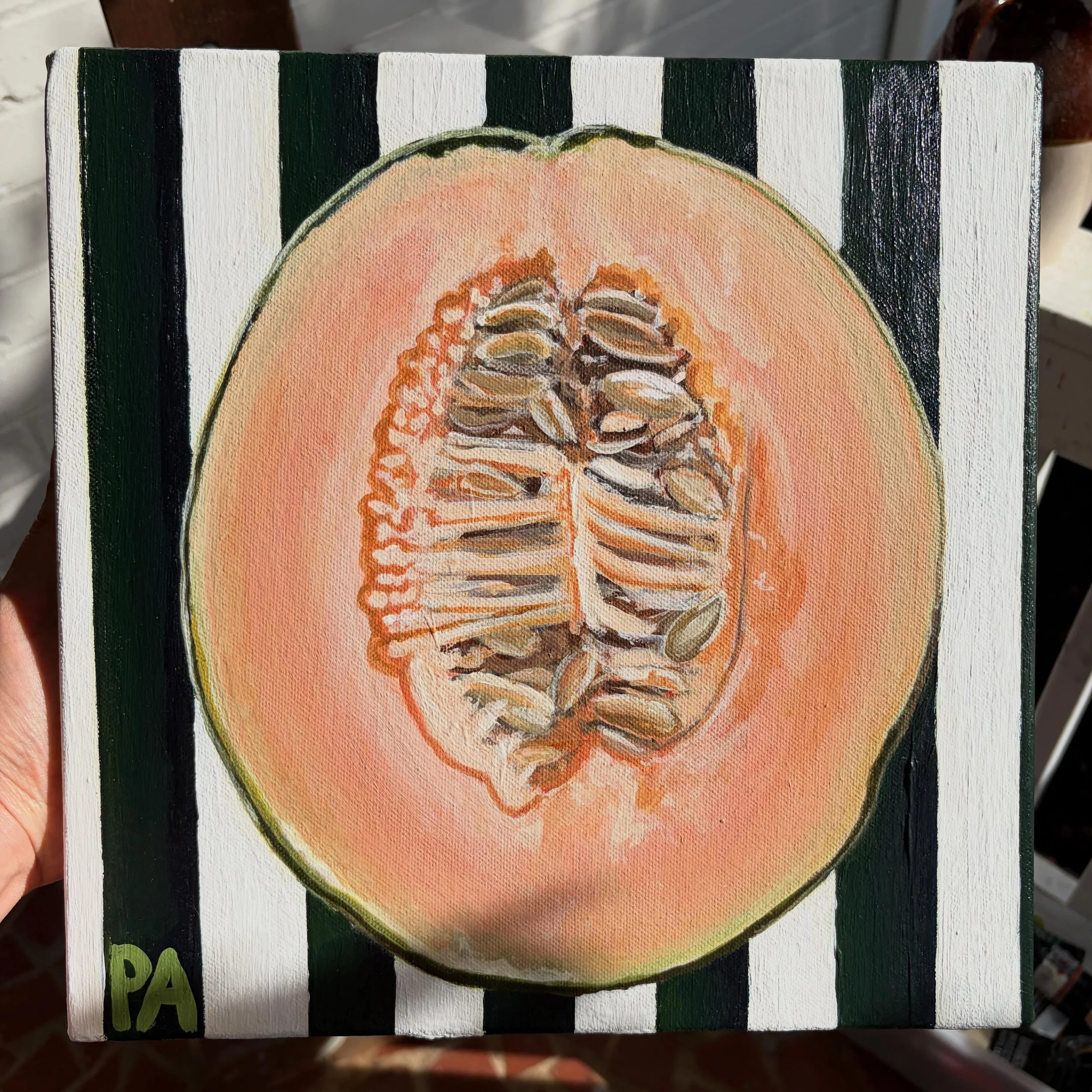 &ldquo;Thump&rdquo; 

12&rdquo;x12&rdquo; acrylic on gallery-wrapped canvas. Summer for me isn&rsquo;t marked by a date on the calendar, but by when the peaches, cantaloupe, and tomatoes start to taste like candy. I&rsquo;ve been pouring my heart int