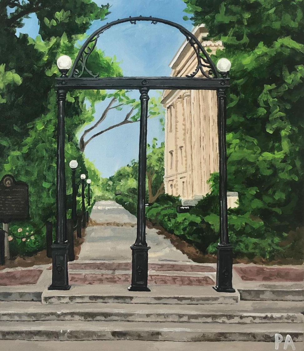 Painting of an outdoor scene with a metal archway framing a sidewalk, lush green trees on either side, a tall beige building on the right, and a blue sky overhead.
