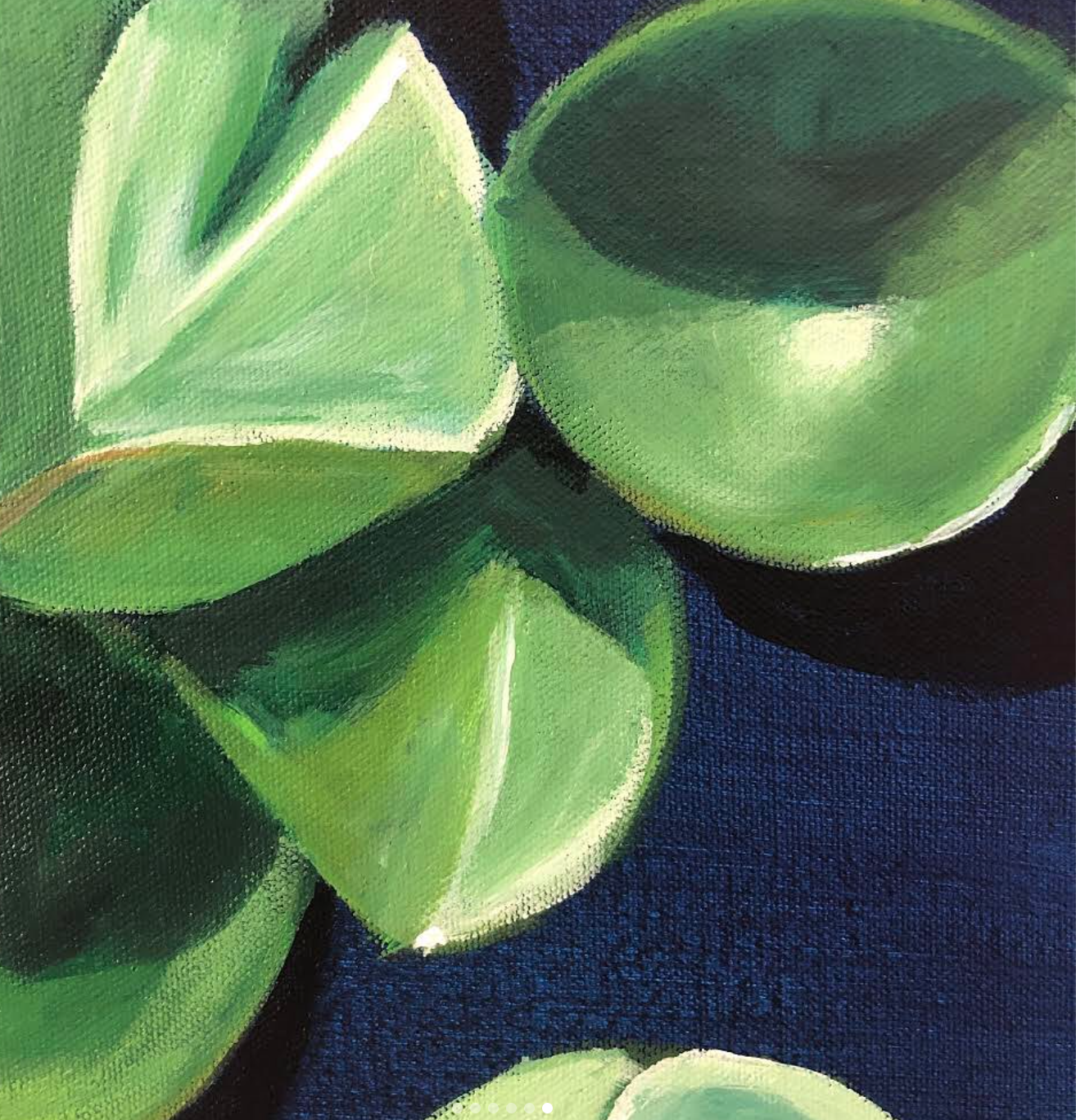 Close-up of water lilies, against a dark background in a painted style.