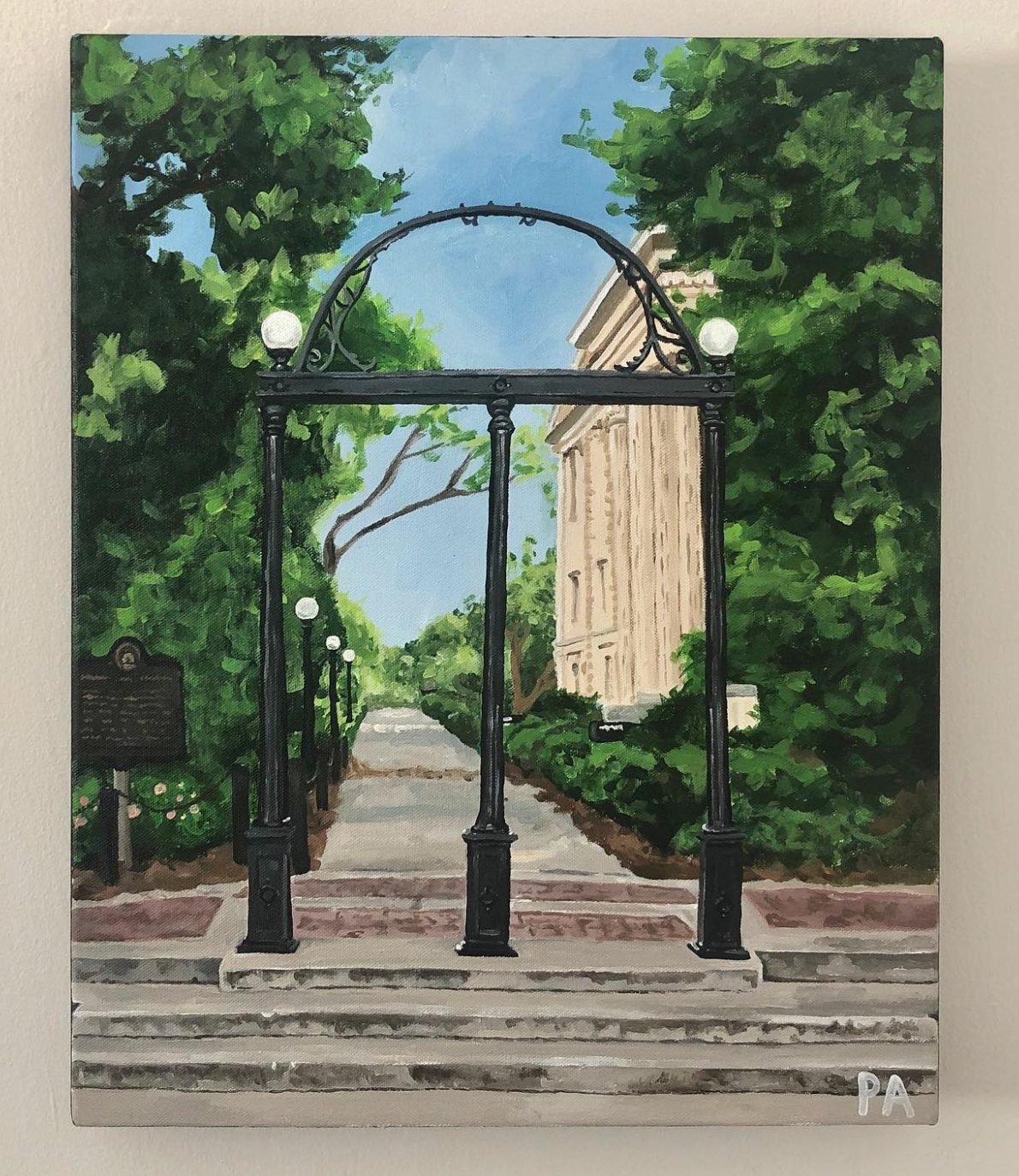 Painting of an outdoor scene with a metal archway framing a sidewalk, lush green trees on either side, a tall beige building on the right, and a blue sky overhead.