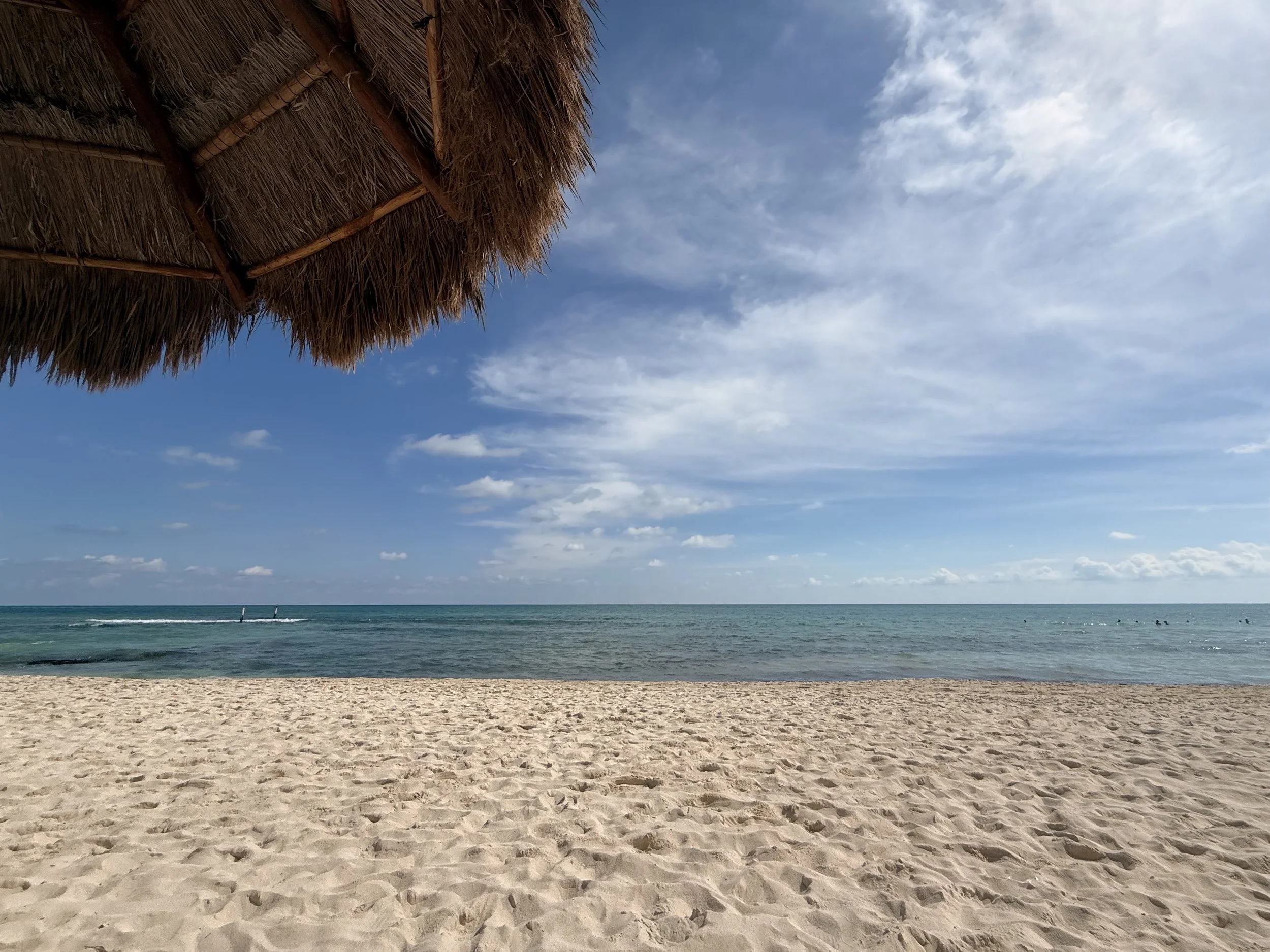 Sitting under a straw umbrella on a sunny day at the beach looking at the ocean 