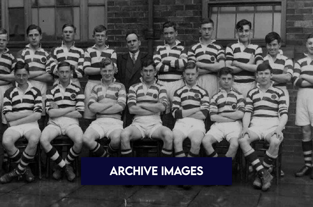 Archive photo of an Aldwinians team in striped shirts posing outside the club