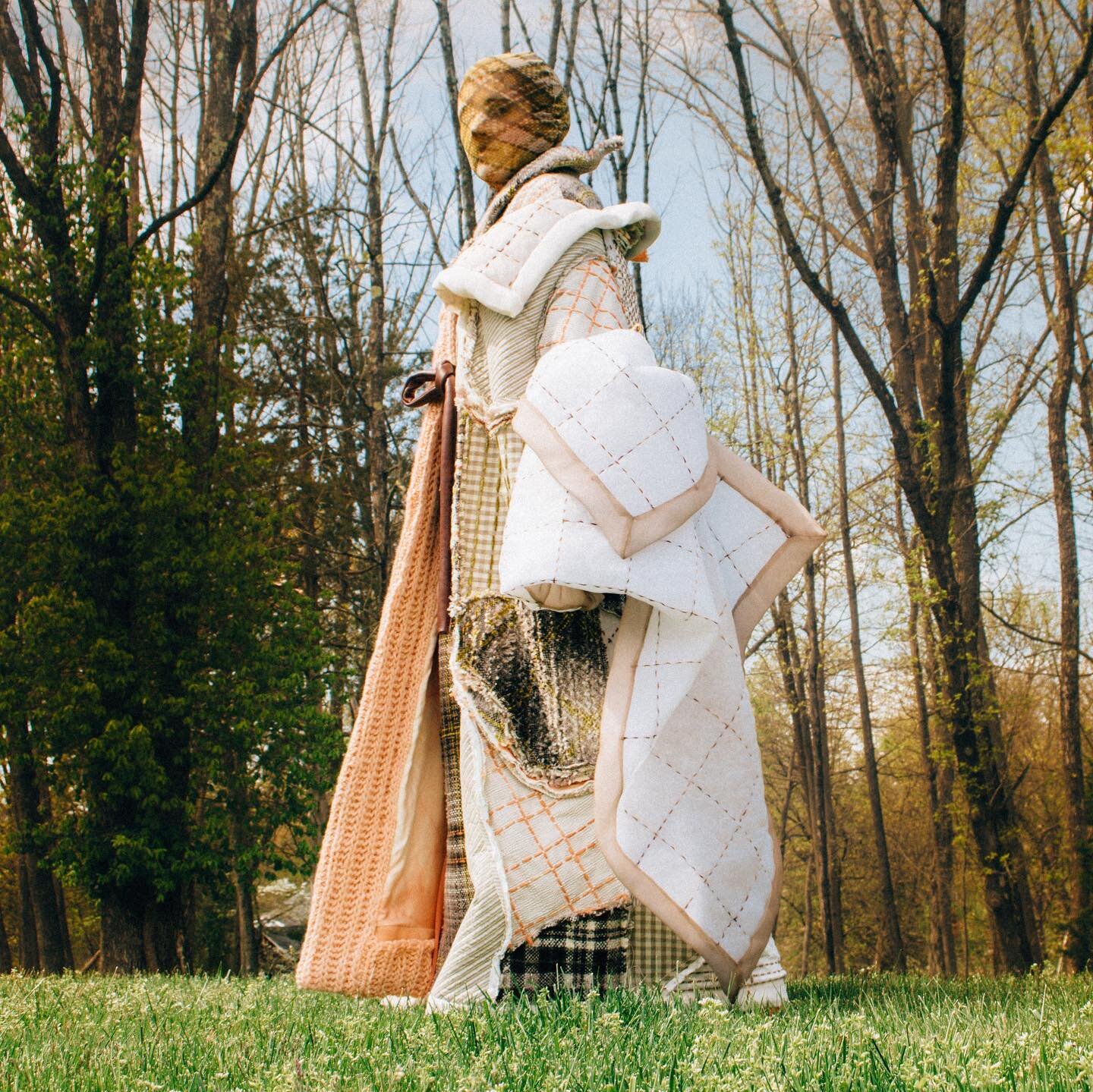 Look 7 from my senior thesis collection &mdash; layered patchwork coat!  Inspired by the feeling of waking up and getting out of bed, pulling comforters and blankets and sheets along with you like a makeshift robe. ⁣ I also made these extra-large kni