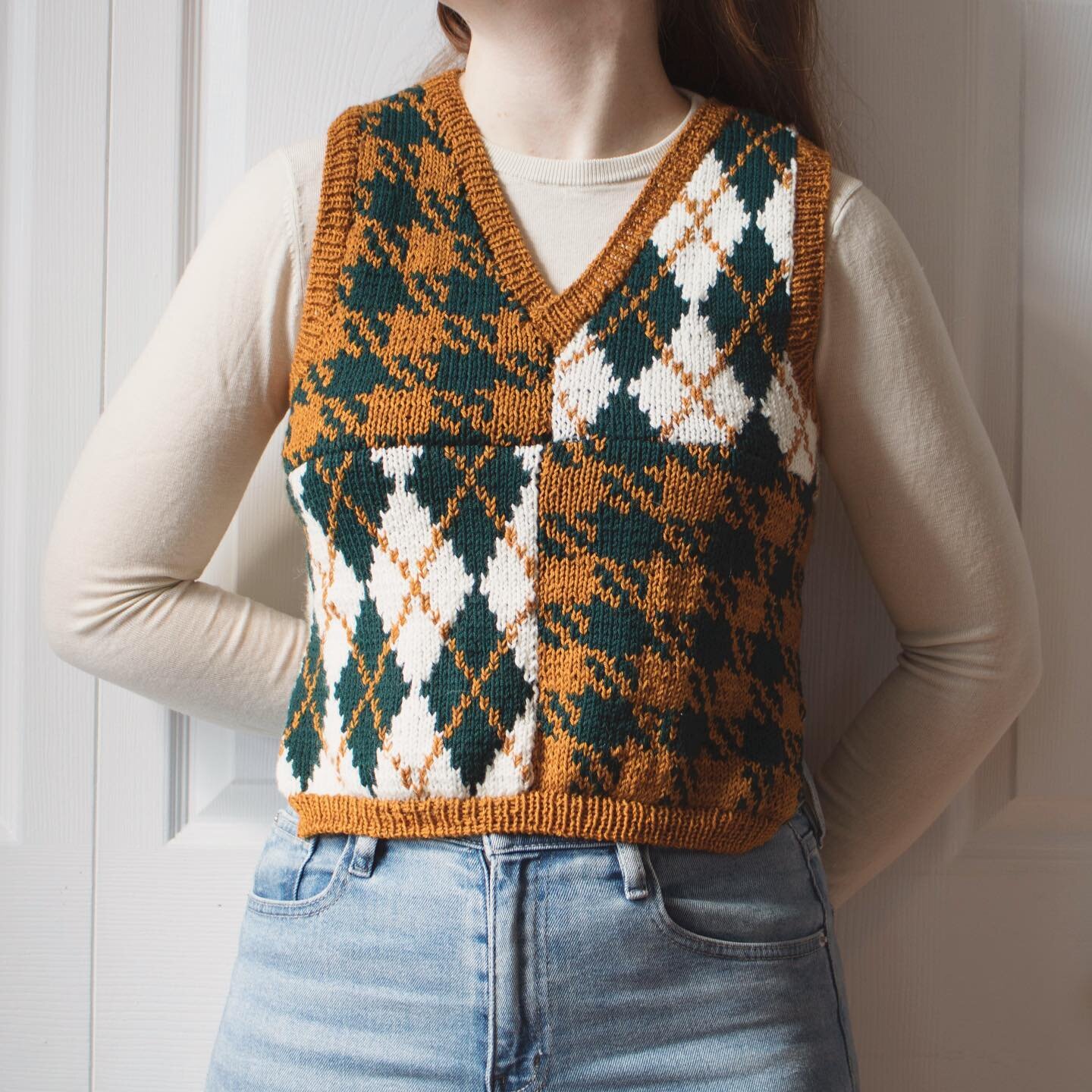 another patchwork sweater vest &mdash; hand knit and reversible!  Messing around with traditionally woven patterns as knits as of late and I love how this one turned out. $300, fits size S/M⁣
⁣
.⁣
⁣
.⁣
⁣
.⁣
⁣
.⁣
⁣
.⁣
⁣
#handmade #fashiondesign #handk