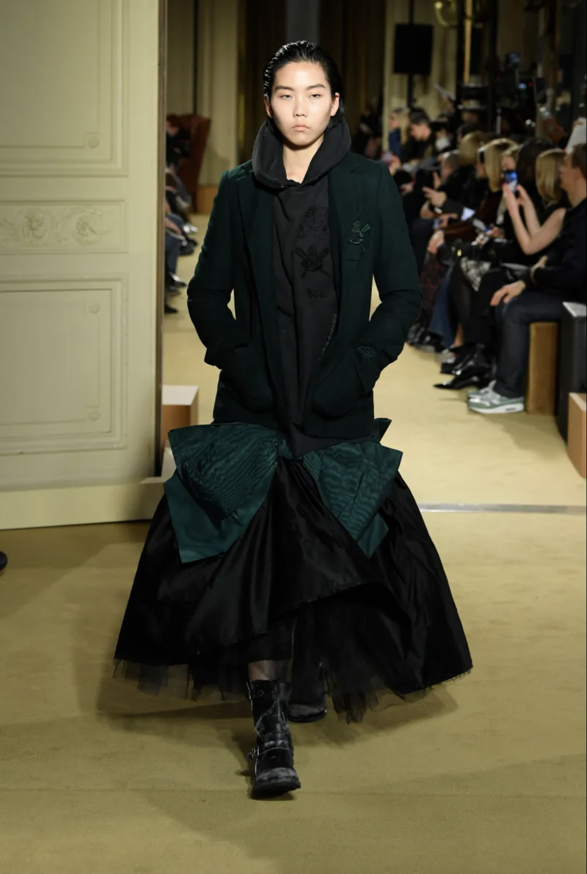 Fall 24 wool blazer with embroidered crest patch and silk skirt