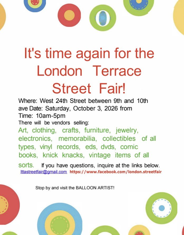 Annual London Terrace street fair on Saturday, October 3rd