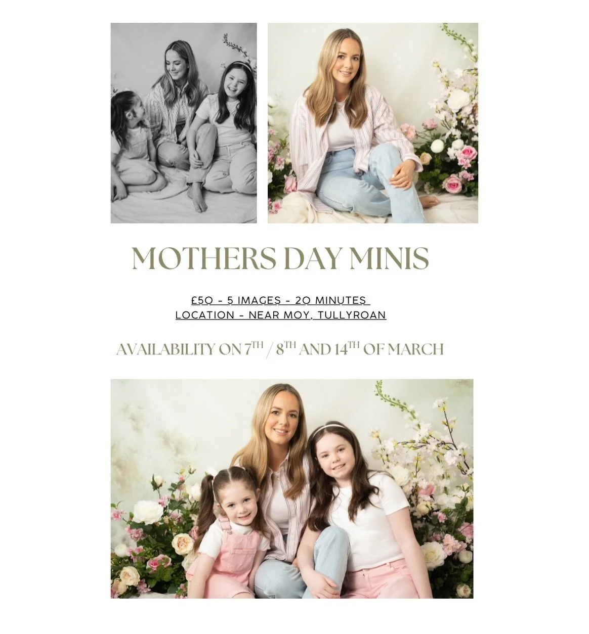 Mother&rsquo;s Day Minis! 
📸 5 images ⏰20 minutes ✨&pound;50
📍Location near the Moy

Availability on 7th / 8th / 14th of March 
DM to book your session! 

#mothersdayminisessions #familyphotoshoot #familyphotographer