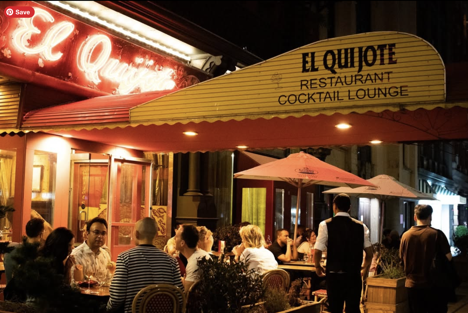 NYC restaurant El Quijote showing historic ceiling, booth seating, four tops, and vintage french chandelier pendant lights. Hospitality interior design and consultancy by Studio Sio, New Zealand