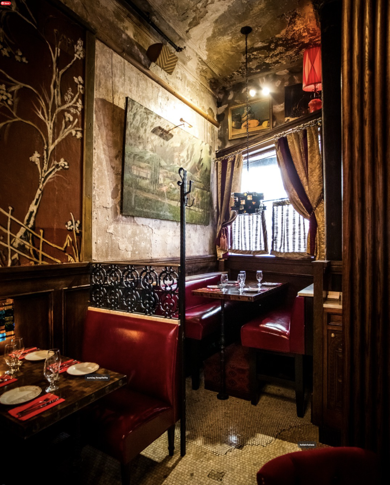 NYC restaurant El Quijote showing historic ceiling, booth seating, four tops, and vintage french chandelier pendant lights. Hospitality interior design and consultancy by Studio Sio, New Zealand