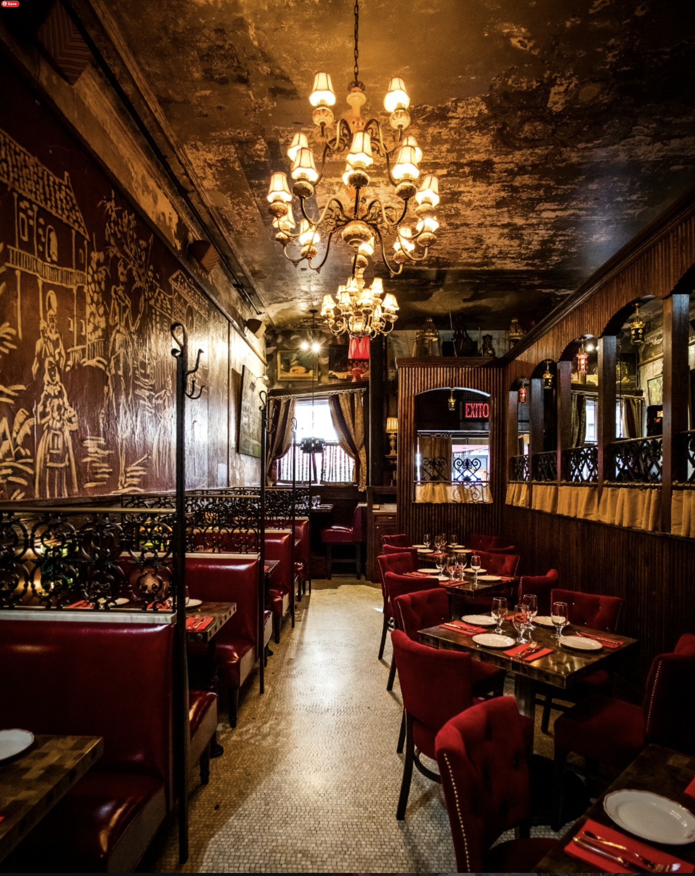 NYC restaurant El Quijote showing historic ceiling, booth seating, four tops, and vintage french chandelier pendant lights. Hospitality interior design and consultancy by Studio Sio, New Zealand