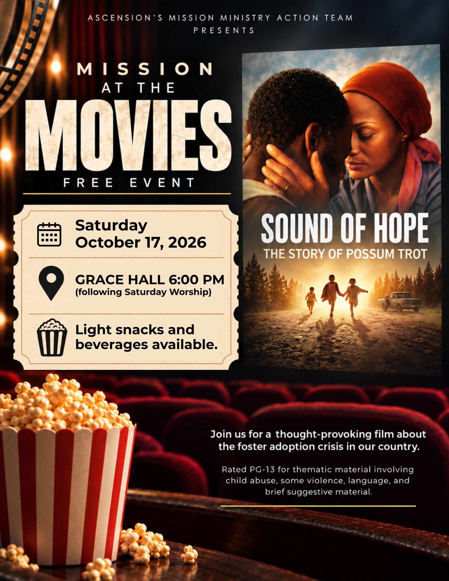 A movie theater poster promoting a free event titled 'Mission at the Movies: Sound of Hope,' featuring an image of two children holding hands and walking in a countryside during sunset, with a car in the background. The event is scheduled for Saturday, October 17, 2026, at Grace Hall at 6:00 PM, following Saturday worship, with light snacks and beverages available. The poster includes a popcorn bucket in the foreground.