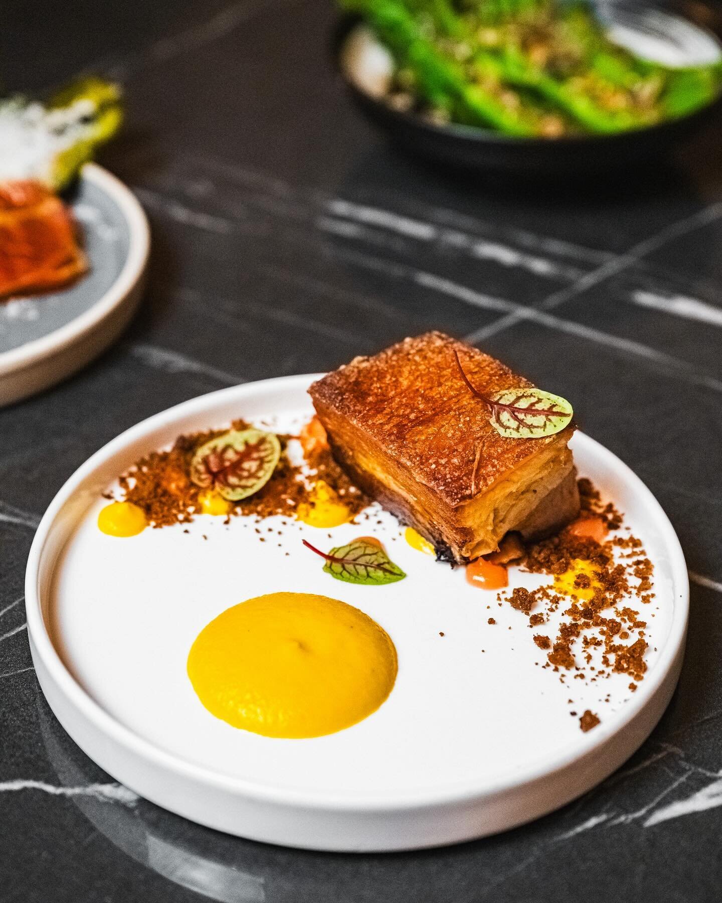 Dish refresh ✨ 
Our pork belly has had a glow up and refresh for the next month or so!

Slow cooked and served with a carrot pur&eacute;e, pickled rhubarb and a carrot cake crumb!

Make sure you try this one out next time you&rsquo;re in! 😍

Photo: 