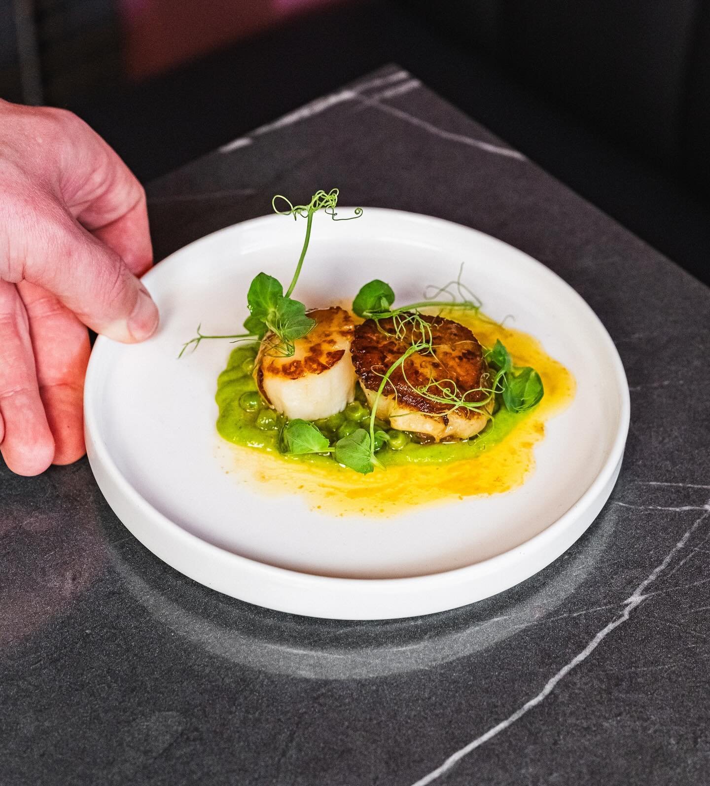 Scallops elevated with a vibrant pea pur&eacute;e and lemon butter &ndash; a symphony of flavors and colors on the plate! 🌿✨ 

Dive into this delightful dish that&rsquo;s as beautiful as it is delicious. 

Photo: @cameronmhillphotography 📸
#d&eacut
