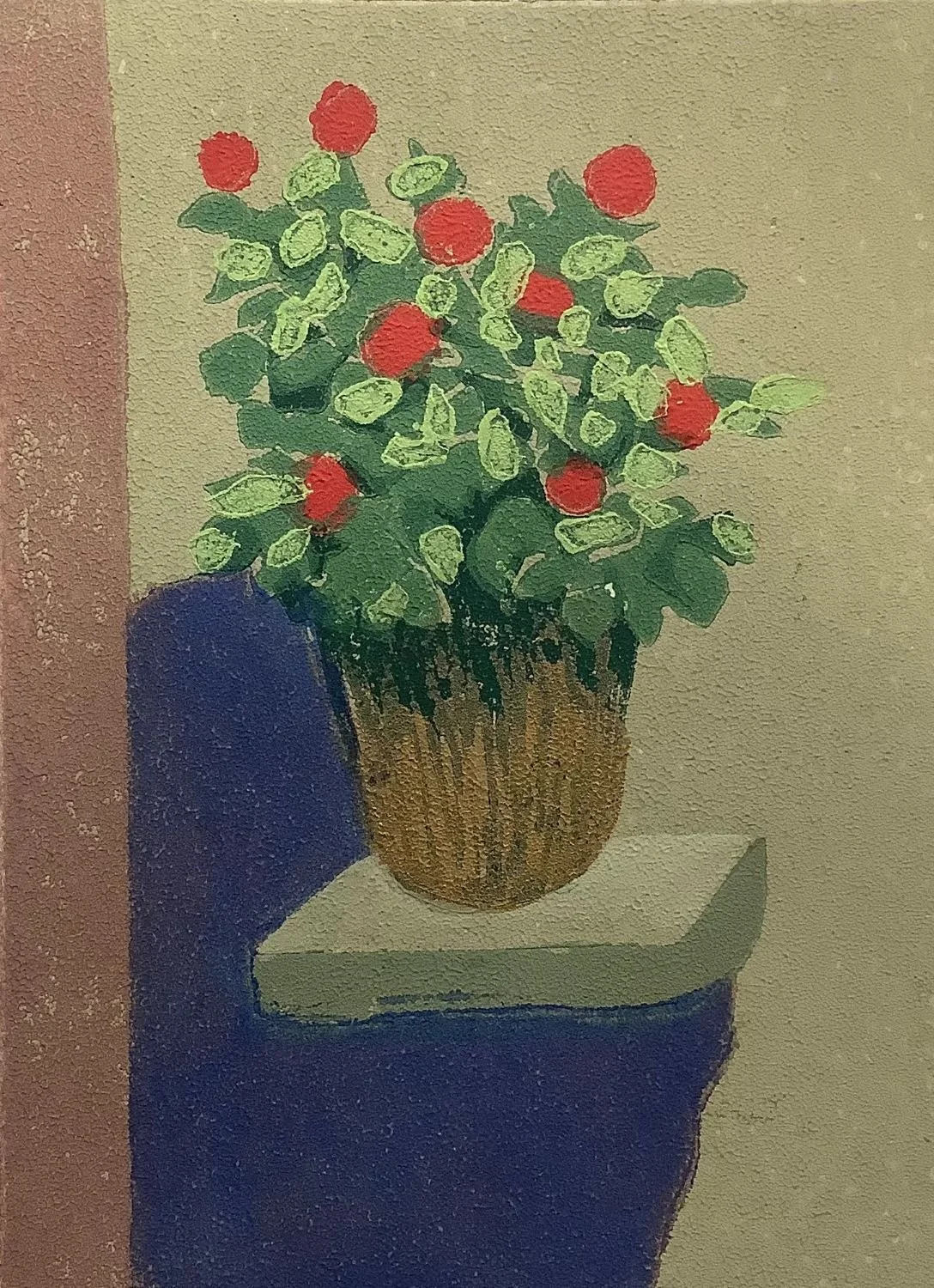 Geraniums, 2020, edition 2/9, linoblock (6 colours), 8x6 inches (20.5 x 15 cm), unframed, $96.00 Cdn.