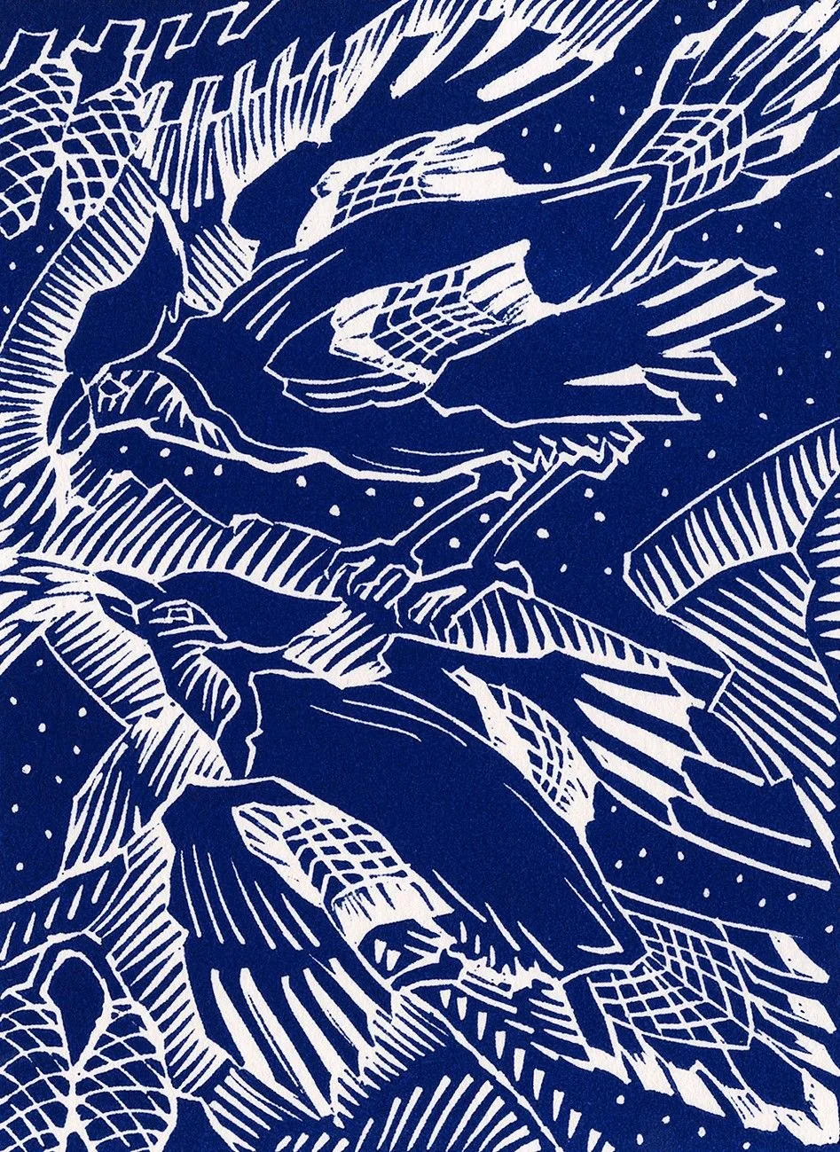 Bluejays (#154, rare), 1991, ed. 19/35, linoblock/paper, 5.5 x 4 inches (14x10 cm), framed, $375 Cdn.