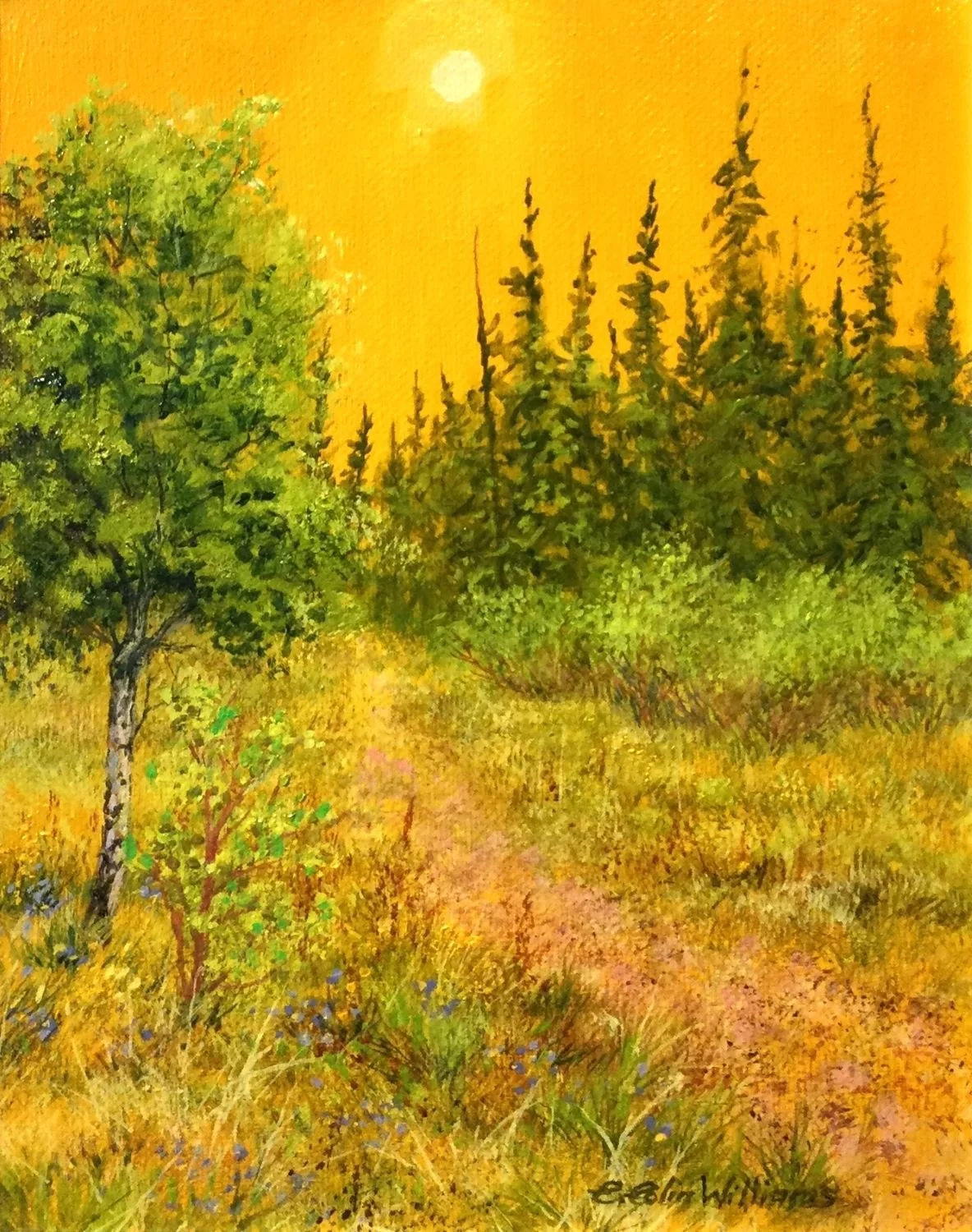 Bragg Creek: Summer Heat, oil on canvas, 10x8 inches (25x20 cm), $795 Cdn.