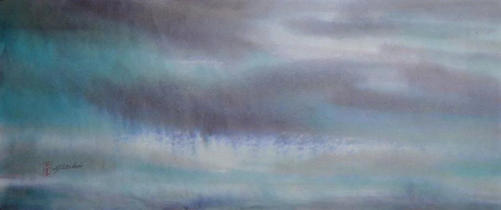 Storm Approach, Water Series, watercolour on sekishu white 30 gm kozo, 13x31 inches (33 x 79 cm), framed, $1400 Cdn.