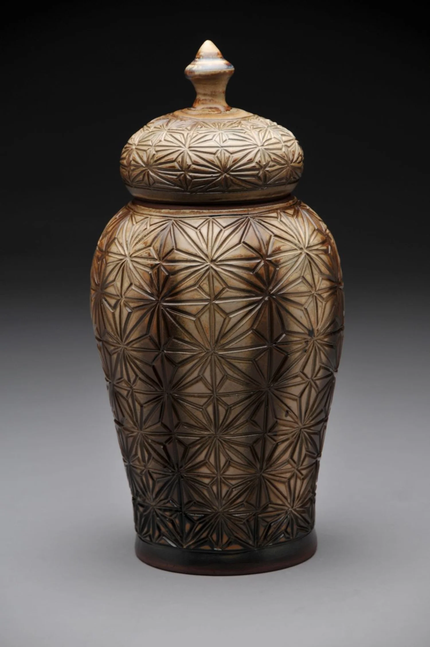 Kumiko Prairie Fields Storage Jar (#7), hand carved, glazed stoneware, 13.5 x 6 inches (34 x 15 cm, $300 Cdn.