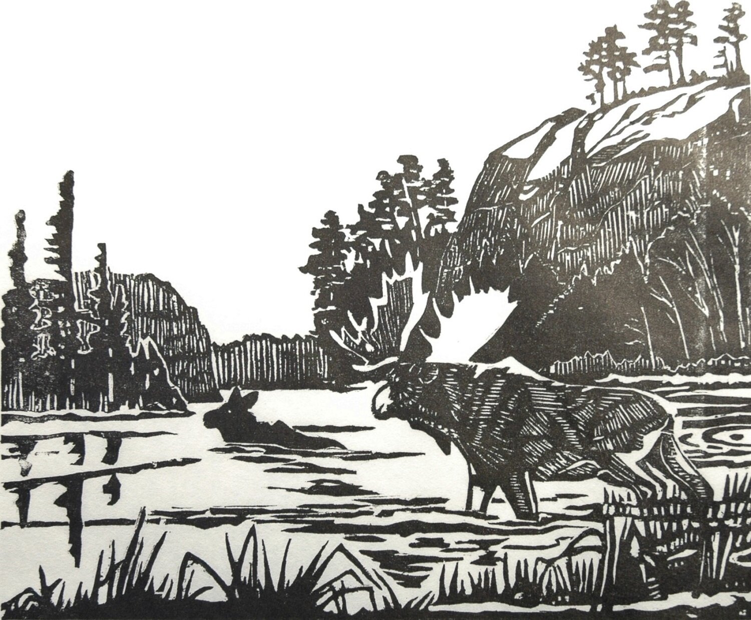 Moose Pasture II, 2006, ed. 34, woodblock/paper, 9x11 inches, three remaining in the collection, 1 framed @ $595 Cdn (2 unframed @ $395 Cdn each).