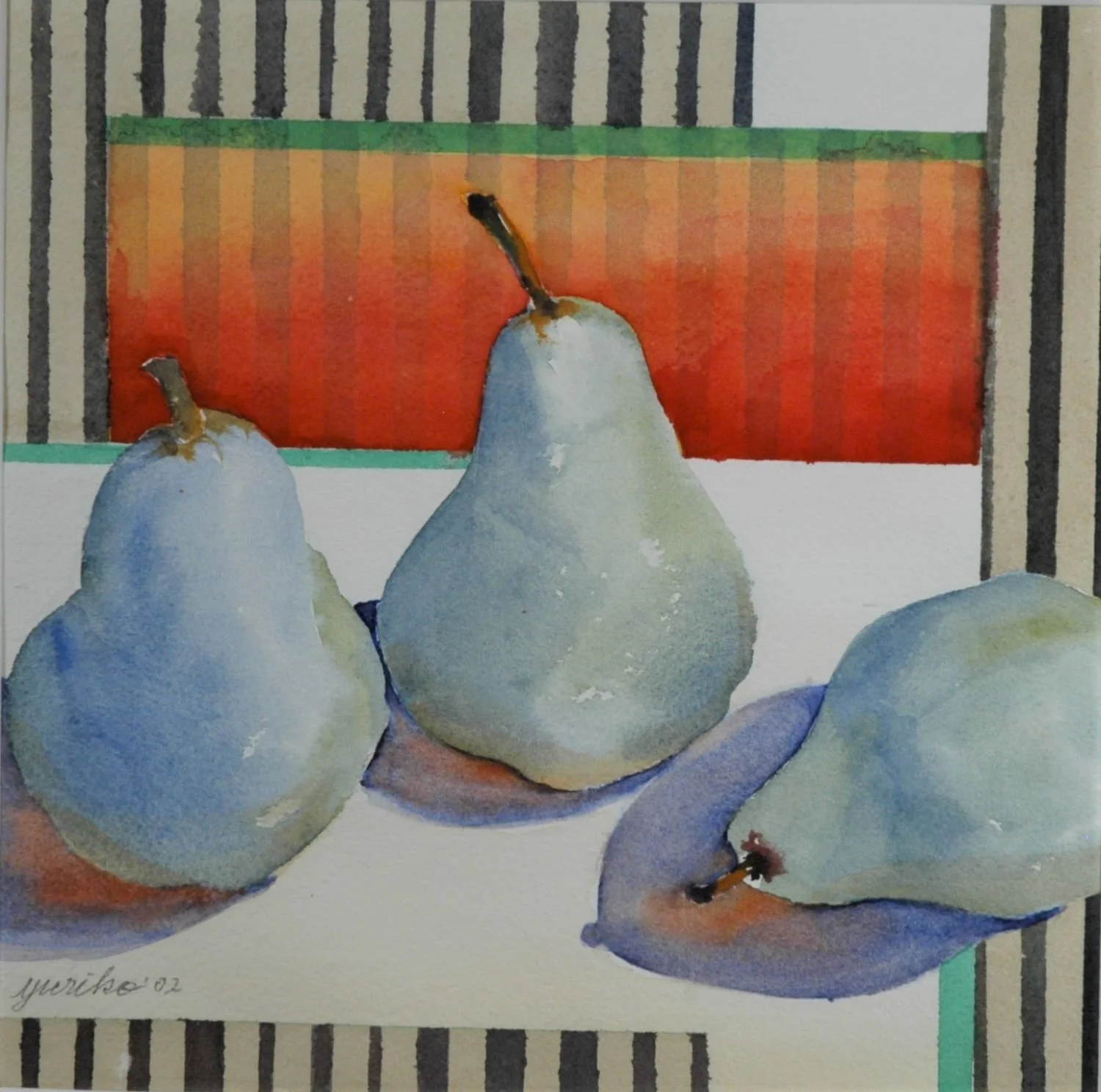 Three Pears, watercolour on Arches 140 lb paper, 7 x 7 inches (17.5 x 17.5 cm), framed, $500.00 Cdn.