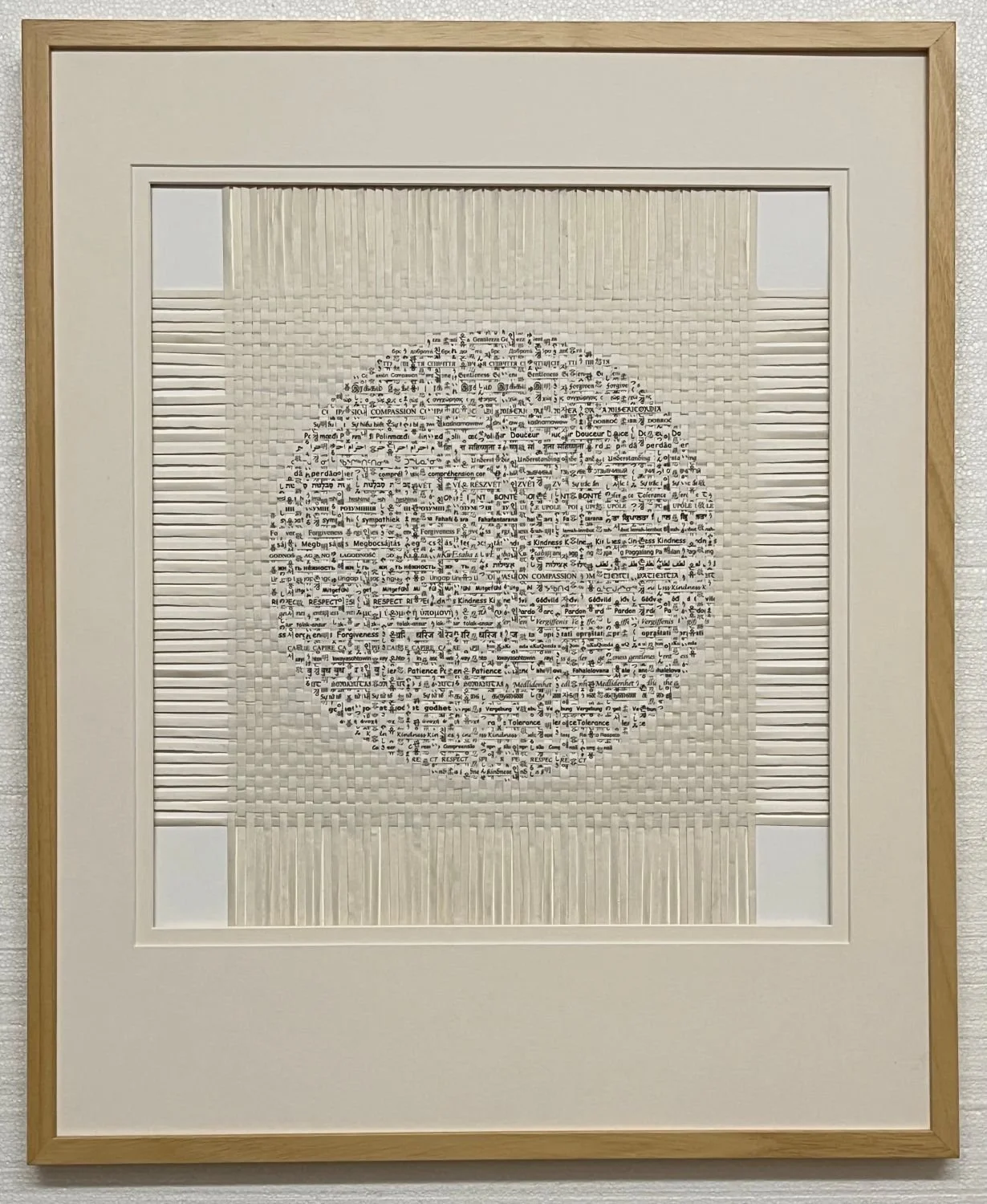 Shuen (rice) Paper Weave Series (#25.29) - A Peace Project A, 2025, ink, computer print on shuen paper, 21 x 19.5 inches (53.5 x 49.5 cm), framed (outside measurements 33 x 27 inches/83x68cm), $3800 Cdn.