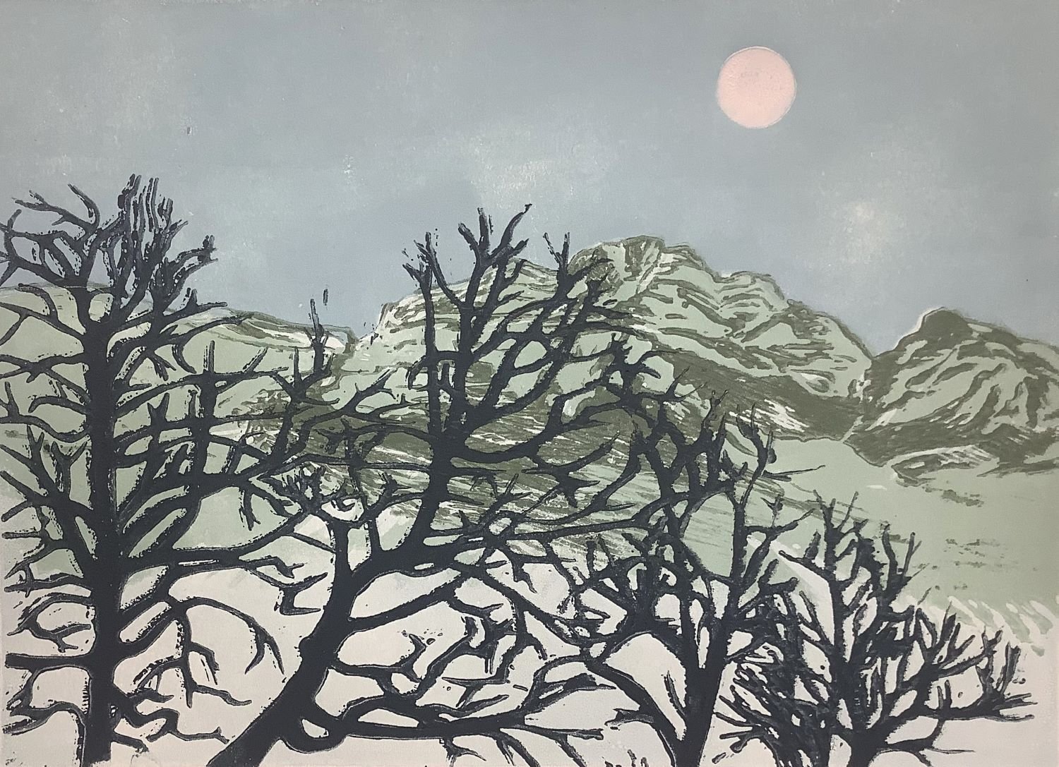 Winter Trees, 2020, edition 3/6, linoblock (4 colours), 14x10 inches (35.5 x 25.5 cm), unframed, $280.00 Cdn.