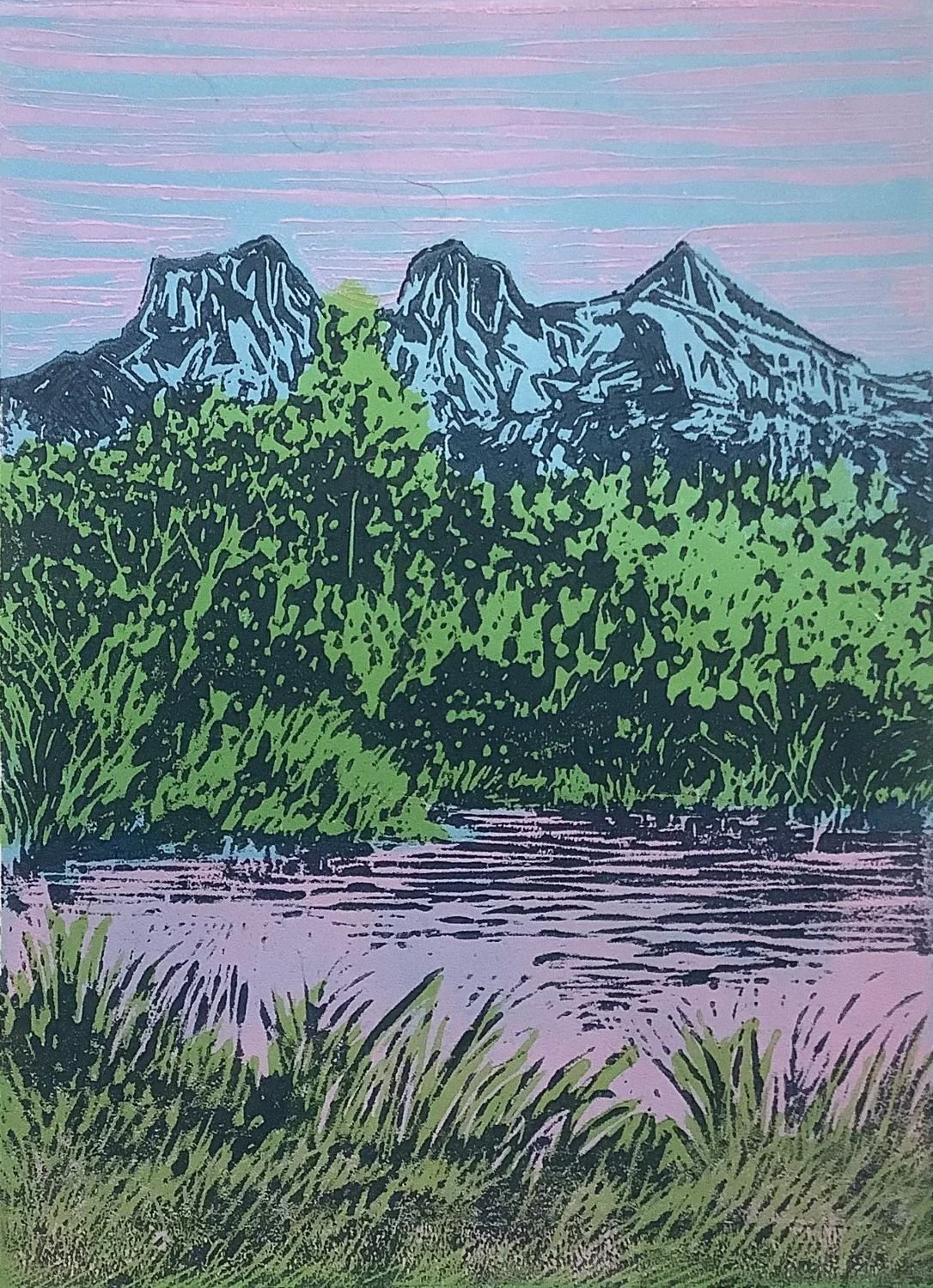 3 Sisters, 2021, edition 4/15, linoblock (4 colours), 7x5 inches (18x12.5 cm), unframed, $70.00 Cdn.