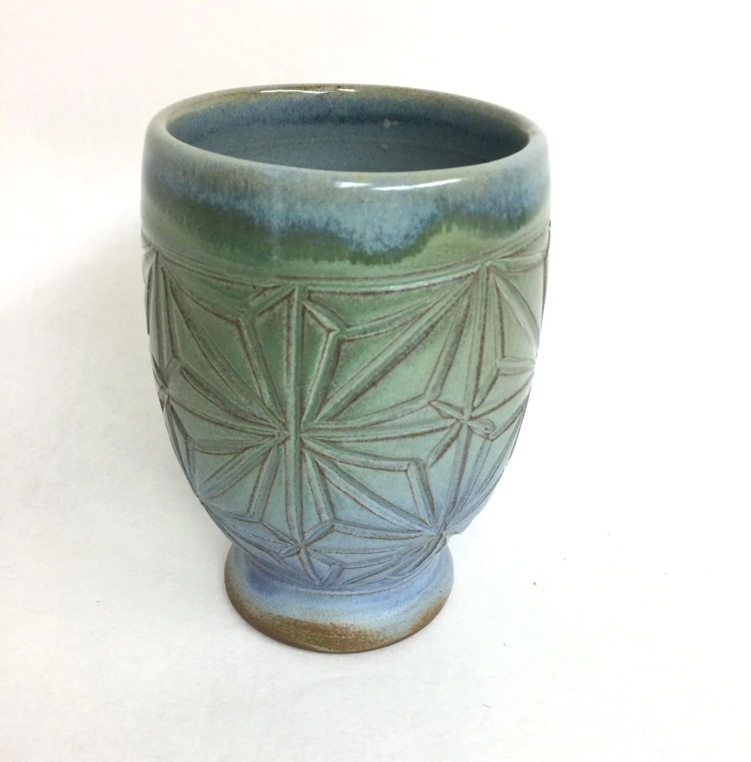 Kumiko Mountain Lakes Yunomi (#25.9.17), handcarved stoneware, 5 x 3.5 x 5 inches (13 x 9 x 13 cm), $45 Cdn.