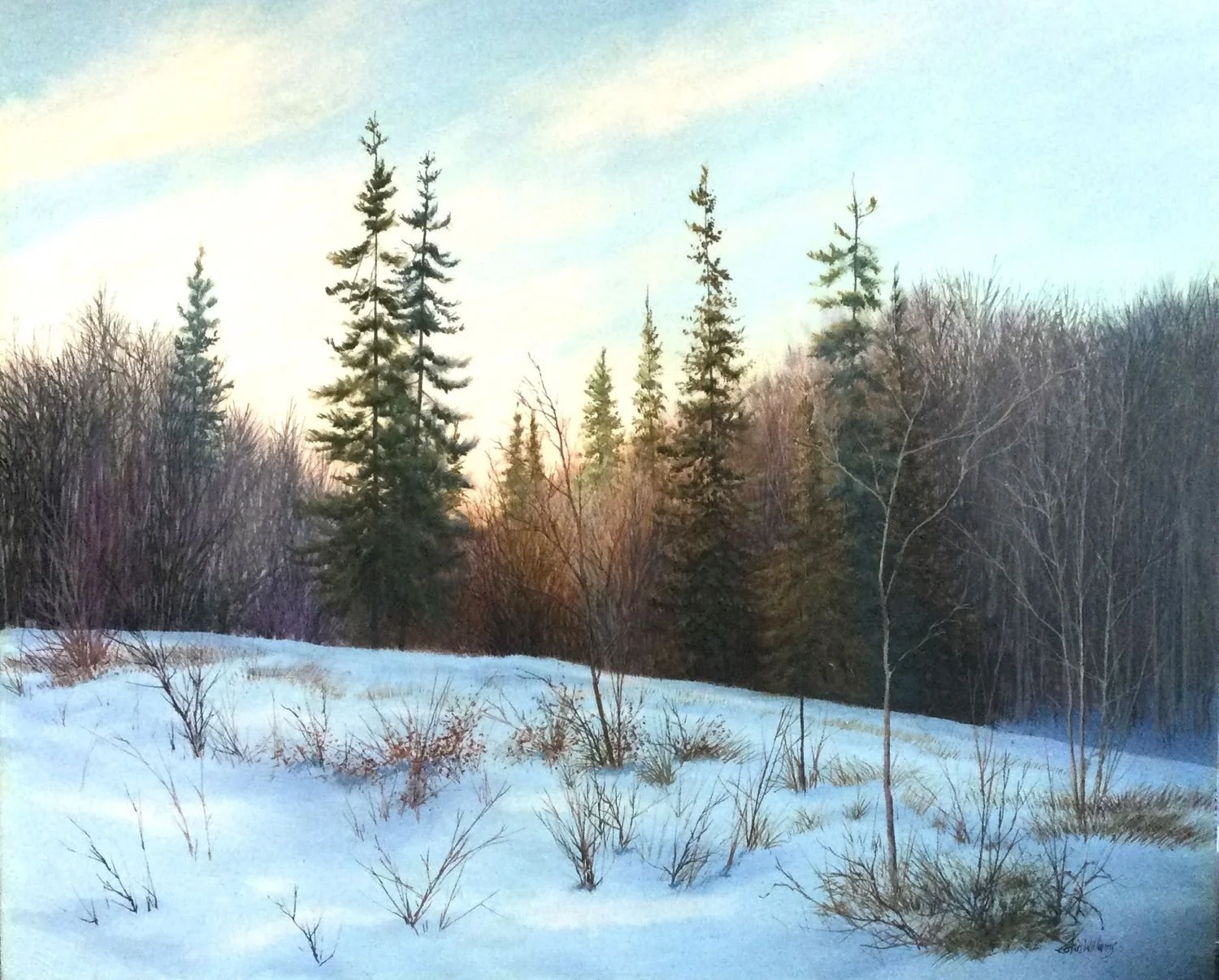 Midwinter Afternoon - Alberta (#A441/1591), c. 1970s, oil/panel, 20x24 inches (51x61cm), framed, provenance: private collection Calgary, a portion of the sale of this work is donated to the Calgary Foundation, $2925 Cdn.