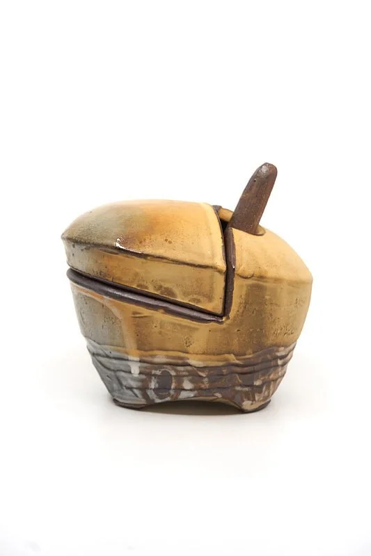 Thesis: Commonplace Sugar Jar With Spoon (24.35), 2024, low soda-fired earthenware, 5.5 x 4 inches (13 x 10 cm), $70 Cdn.