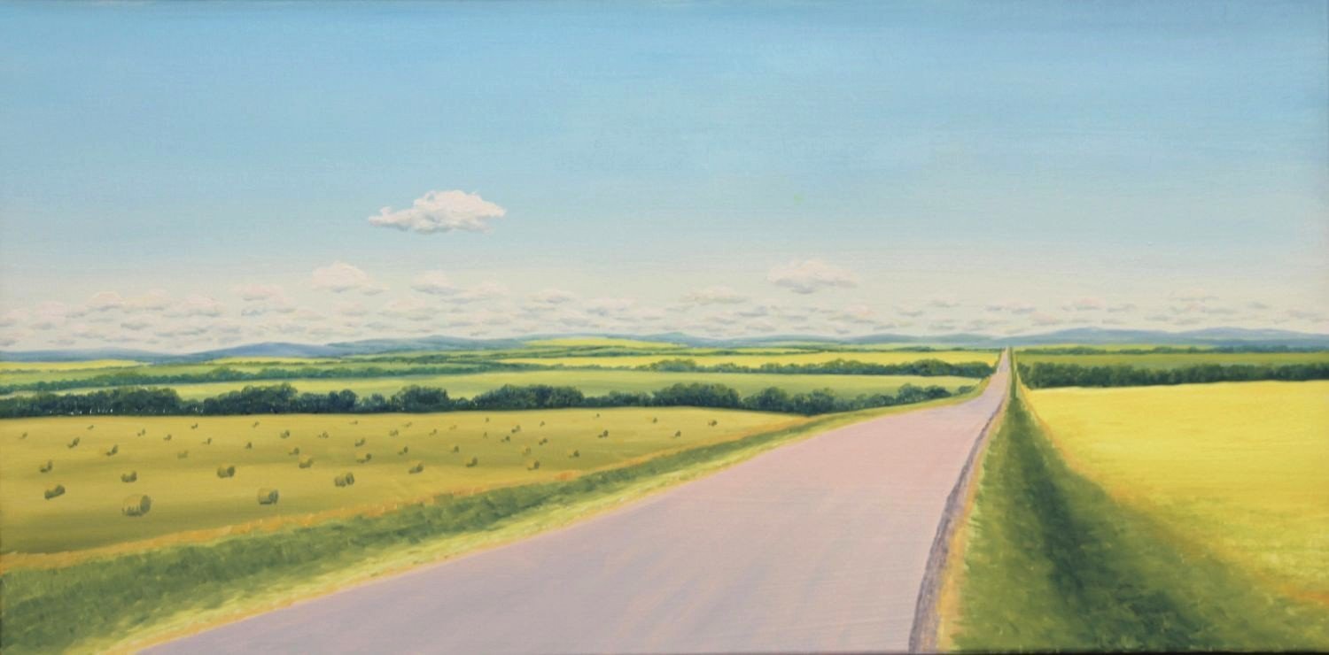 Toward Medicine Hills (#26.6.23), 2026, oil on linen canvas, exhibition frame, 16 x 32 inches (40.5 x 81 cm), $2525 Cdn.