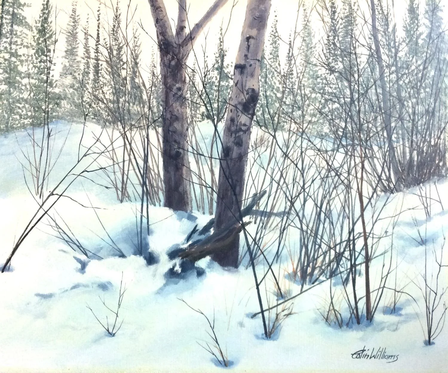 Snowdrifts, Kananaskis Valley (#A465/1413), c1970s, oil/panel, 10x12inches (25.5 x 31 cm), framed, provenance: private collection Calgary, a portion of the sale of this work is donated to the Calgary Foundation, $1100 Cdn.