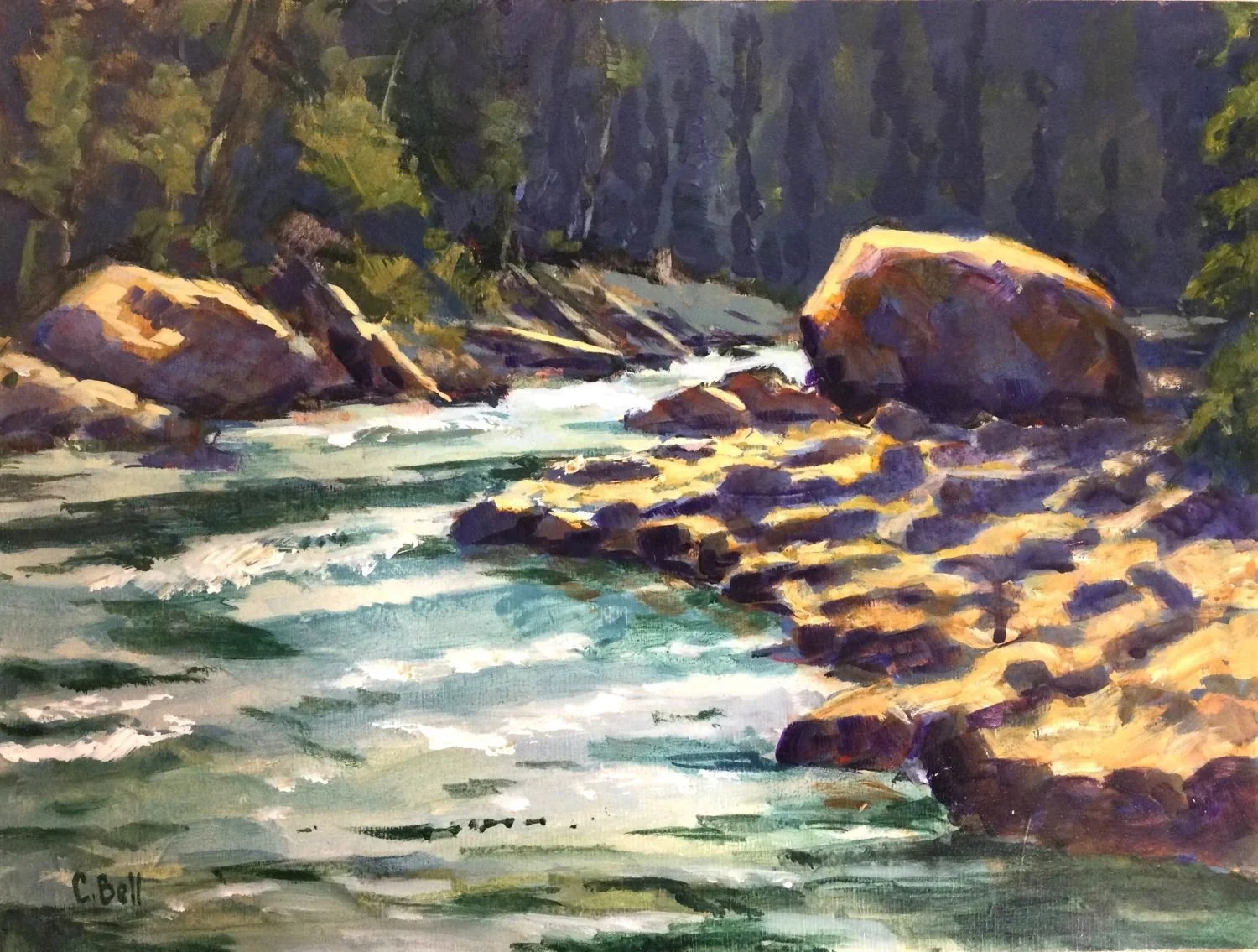 Toby Creek Rapids, acrylic on canvas panel, 12 x 16 inches (30.5 x 40.5 cm), framed, $550 Cdn.