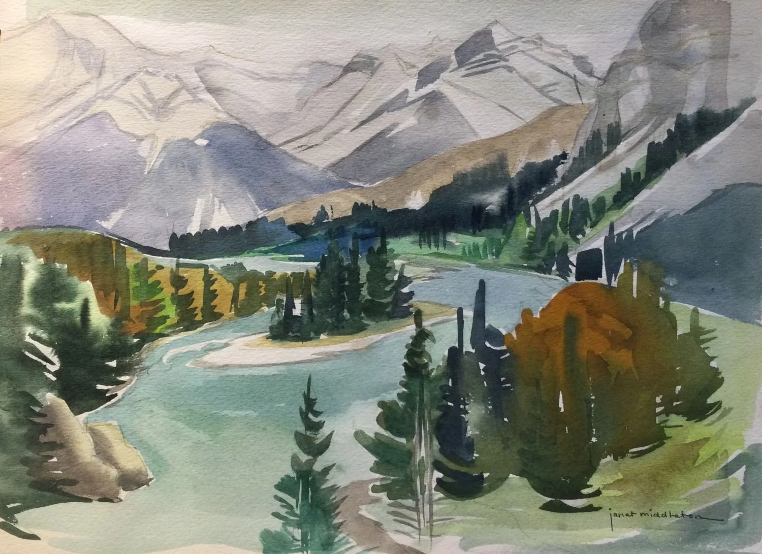 Bow River Below The Falls, c.1950, watercolour/paper, sold.