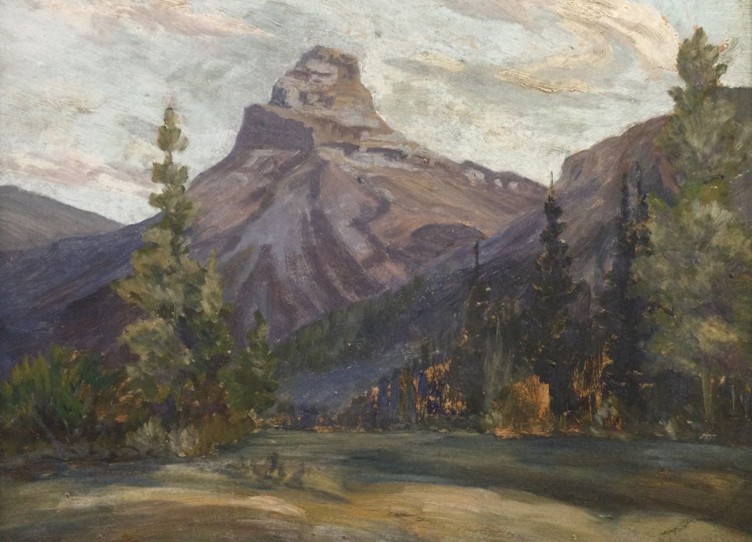 Cathedral, 1926, mixed media (primarily oil) on panel, 14.75 x 19.75 inches (37.5 x 50 cm), condition fair, l.r. indistinct signature (RL Harvey), provenance: Ontario collection, new framing, sold. 