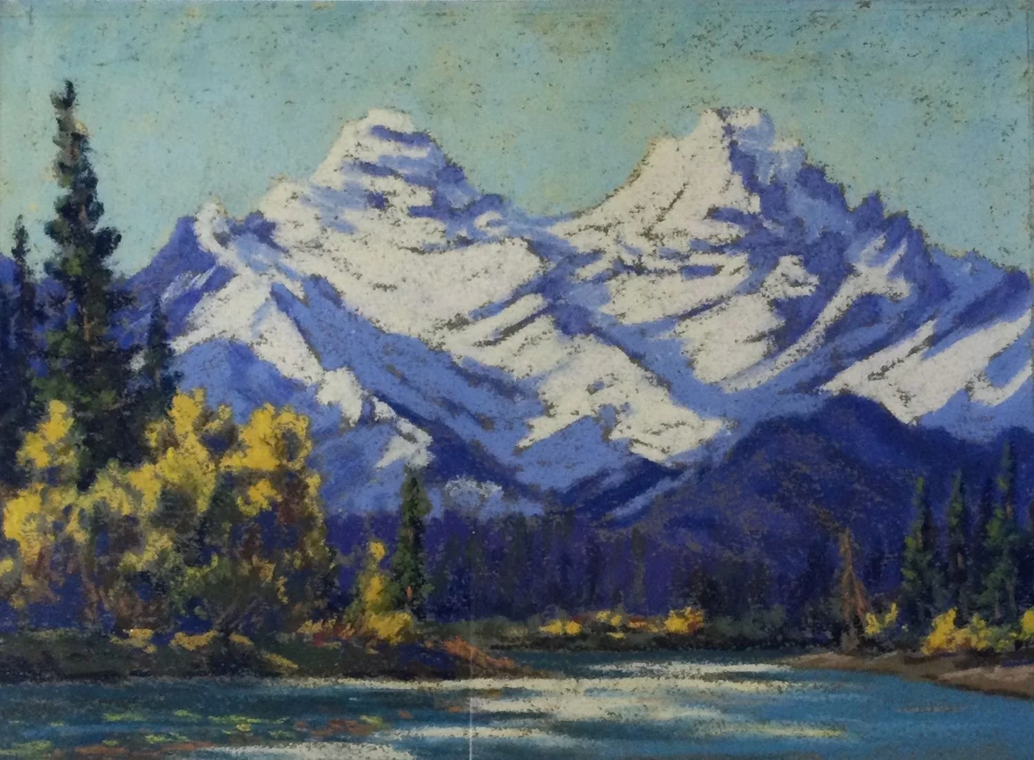 Bow River West Of Banff, 1950s, pastel on paper, provenance: Banff/Victoria collection, 6.25 x 8.5 inches (15.5 x 21.5 cm), original artist made frame, sold.