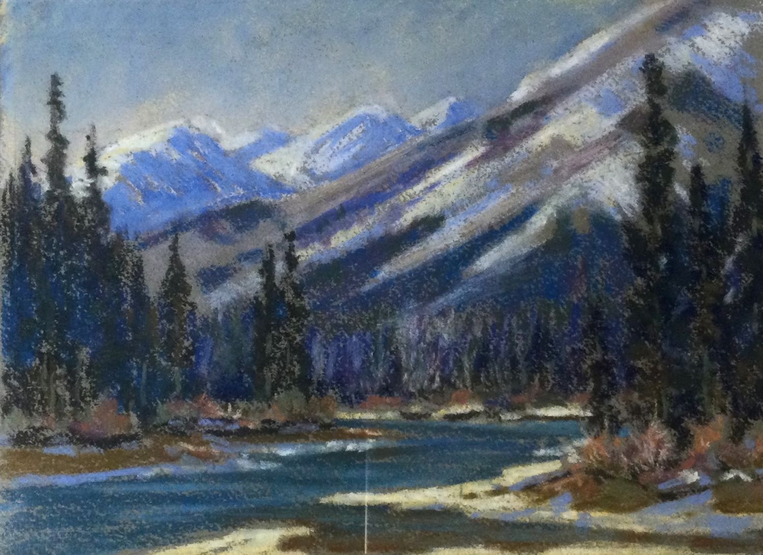 Vermilion Lakes, West Of Banff, 1950s, pastel on paper, provenance: Banff/Victoria Collection, 6.25 x 8.5 inches (15.5 x 21.5 cm), original artist made frame, sold.