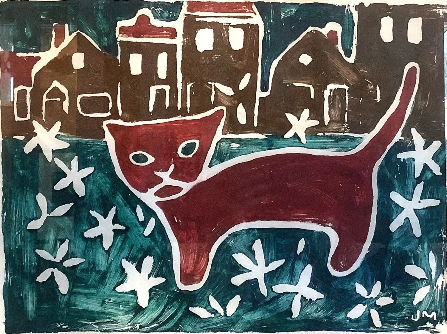 Janet Mitchell RCA (1912-98), Cat In The Flower Bed, 1964, ed. 1/15, colour clay print on paper, 11.5 x 15.5 inches (29x39.5 cm), original framing, provenance: Toronto Collection; sold.
