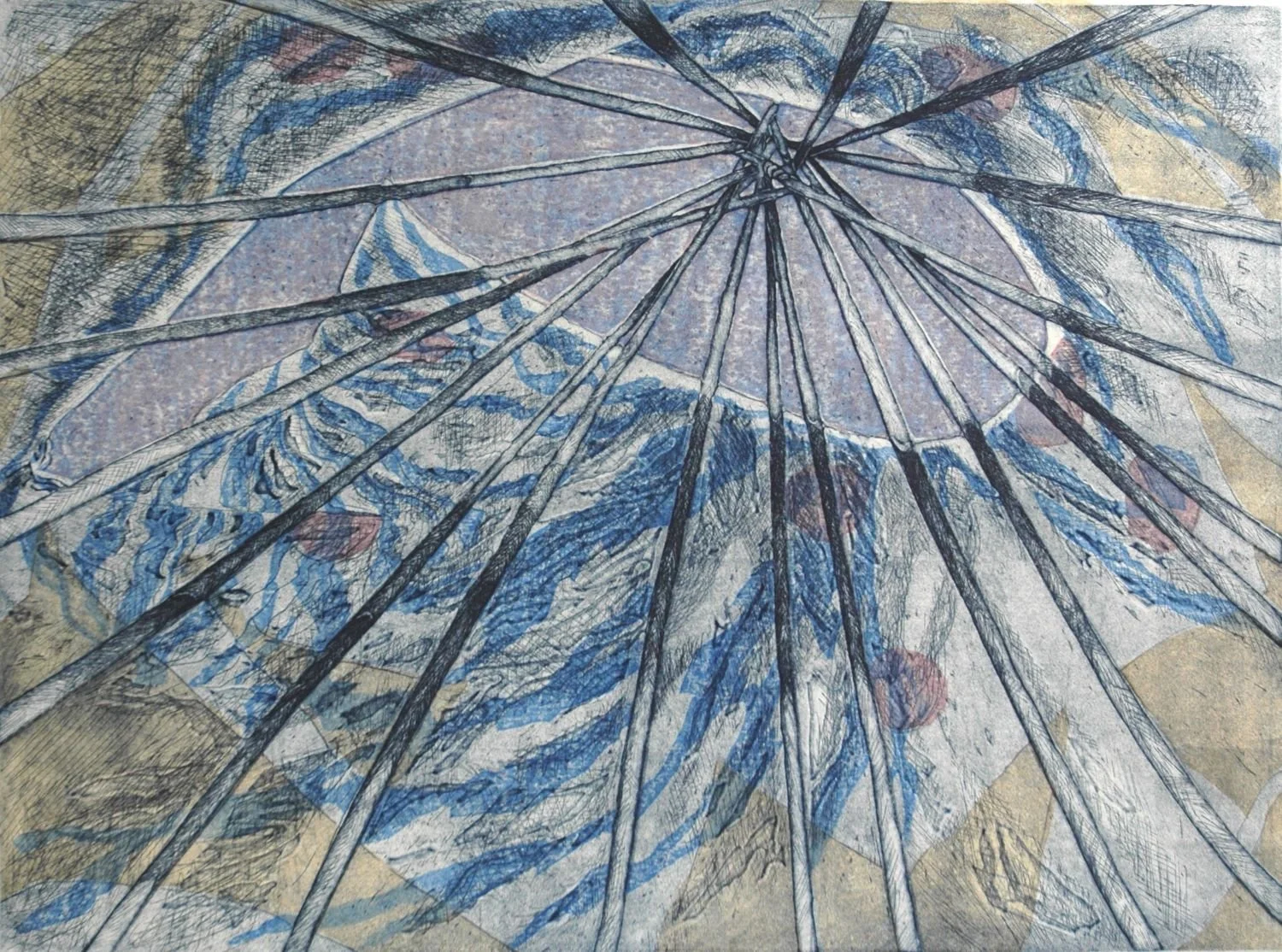 Tipi Centre, 1986, edition 30, etching and woodblock on paper, 17.5 x 23.5 inches (44.5 x 59.5 cm), framed, $1425 Cdn...a master of pattern and design, in the mid 1980s D. Helen Mackie was interested in the play of form, light, and colour when you lo