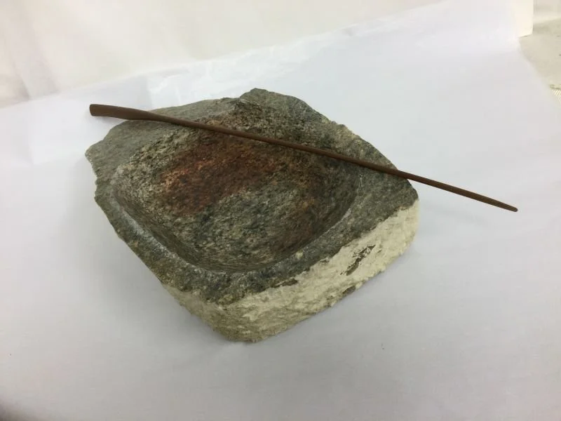 Field Stone Bowl With Long Handled Spoon (2 pieces) 24.8, chiselled & hand sanded walnut, found rock, sold.