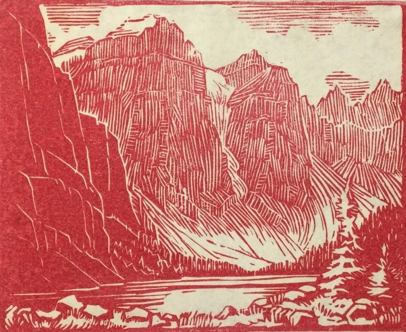 Moraine Lake (#161P), 1980, linocut in one colour (red), 4.5 x 5.5 inches (11.5 x 14 cm), titled, signed, dated, framed, $1100 Cdn.
