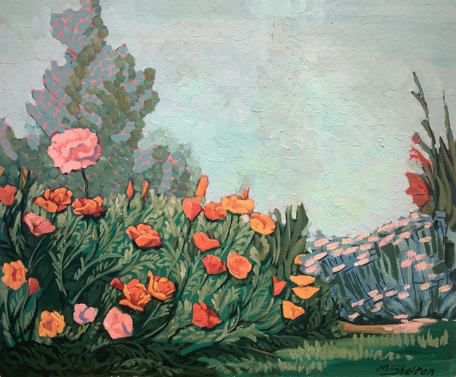 In The Garden (Poppies & Gladiolus), c.1972, oil on panel, 20x24 inches (51x61 cm), signed l.r., provenance: artist's estate, framed, $2500.00 Cdn.