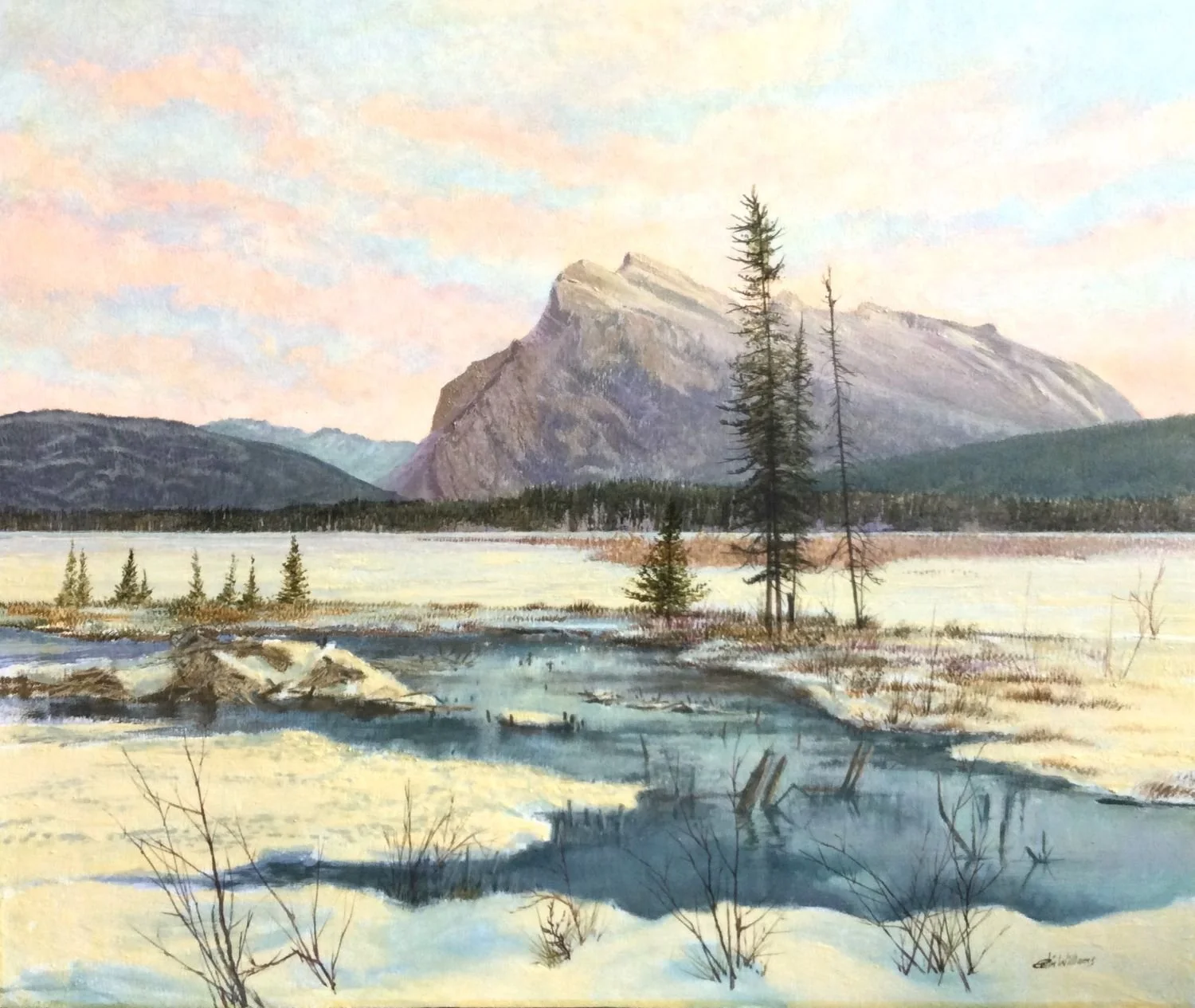 Icy Riverbank, Mt. Rundle (#1582), c.1989, oil/panel, 20x24 inches (51x61cm), framed, provenance: private collection Calgary, a portion of the sale of this work is donated to the Calgary Foundation, $2925 Cdn.