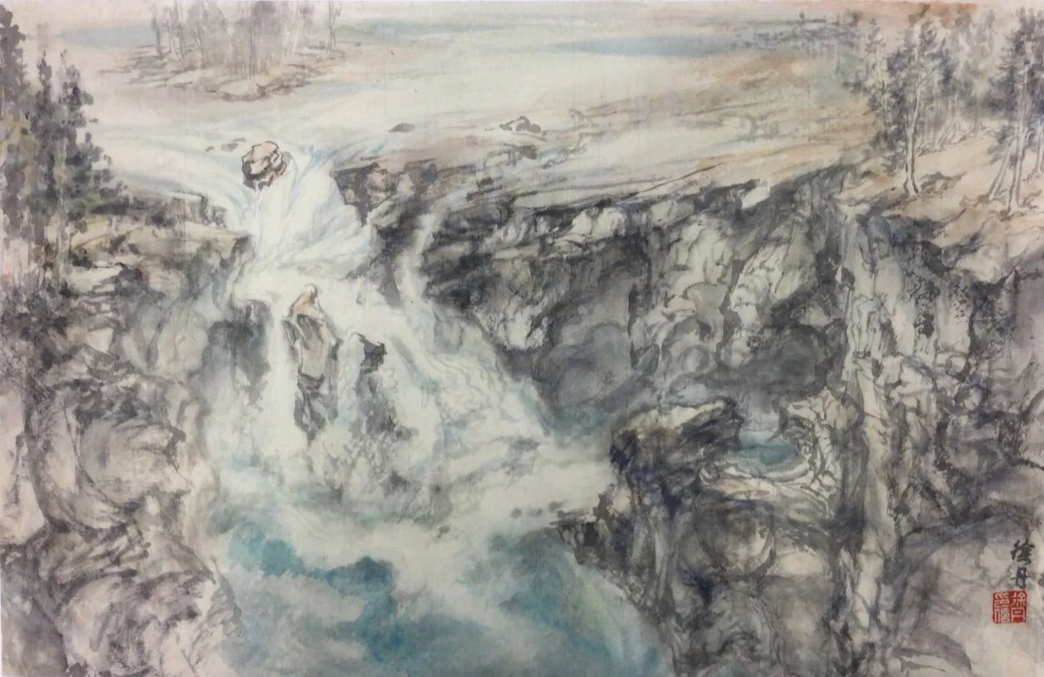 Sunwapta Falls (#25.8), 2024, traditional Chinese handmade inks / silk, 18 x 26" (46 x 66 cm), framed, $1395 Cdn.