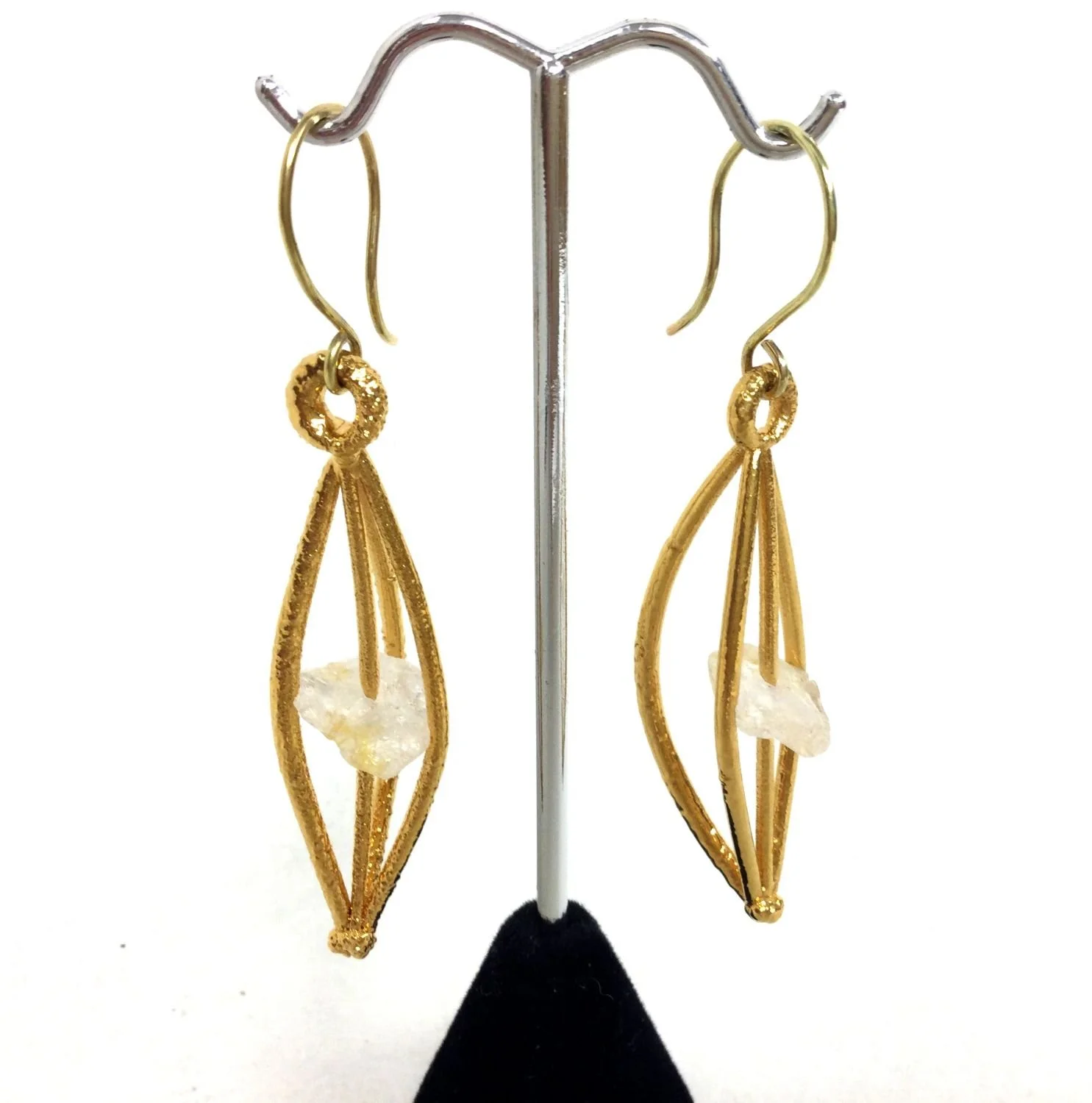 Balance Cage Earring (C680, #273), c.2019, thick electroformed 24k gold, quartz crystal, 18k gold ear wire, fusion welded stainless steel, electroformed copper, 2.75 x .5 inches (7 x 2  cm), $940 Cdn.