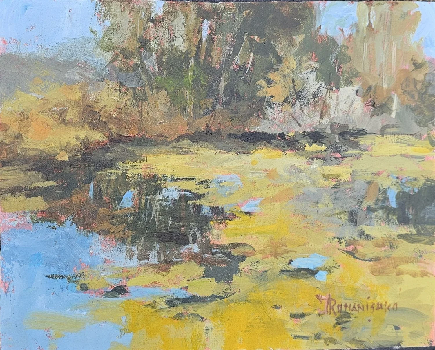 The Pond (#25.10.2), 2025, acrylic/panel, 8 x 10 inches (20.5 x 25.5 cm), $350 Cdn.