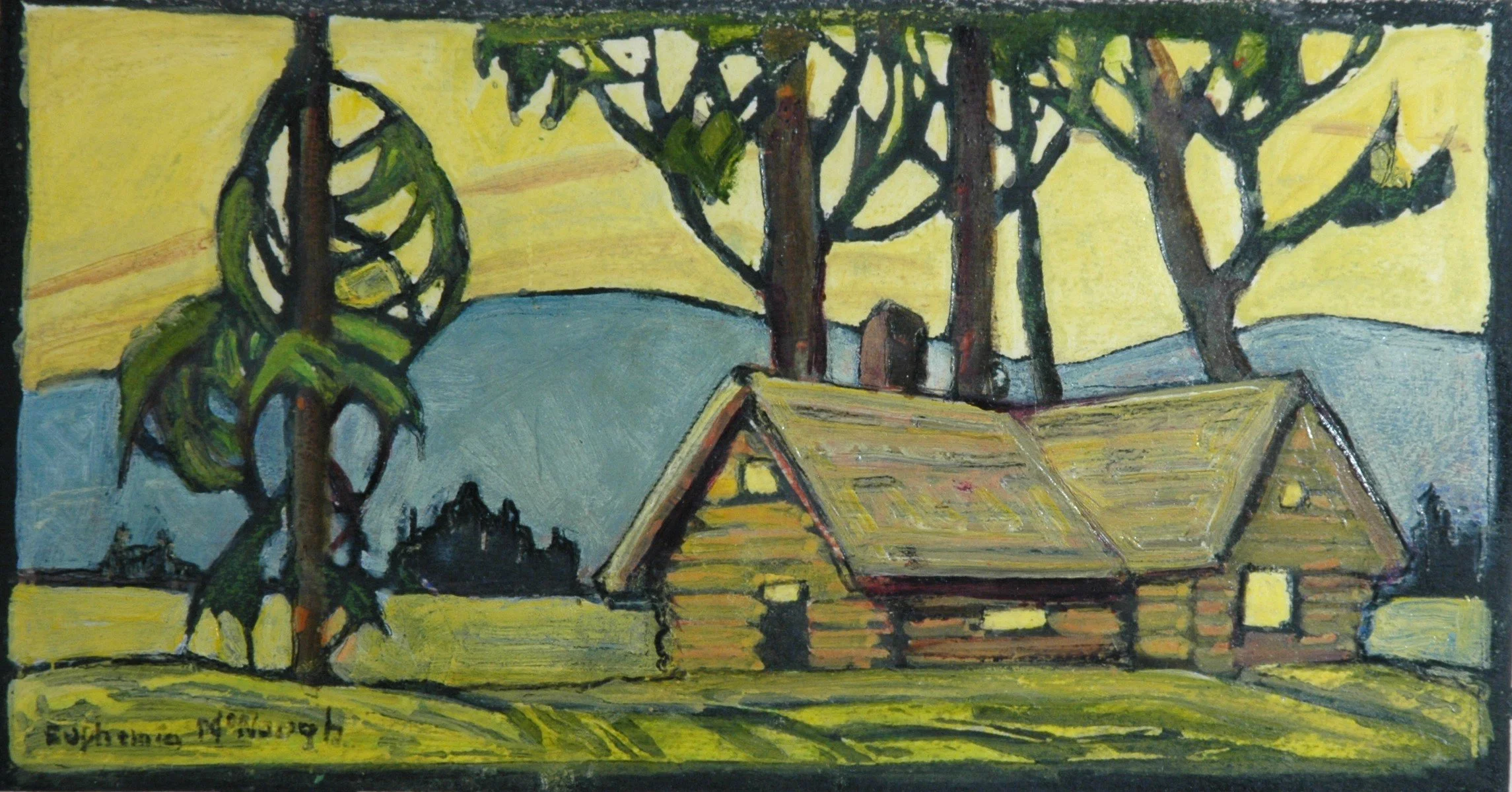 Wilderness Retreat, hand coloured linoblock, sold.